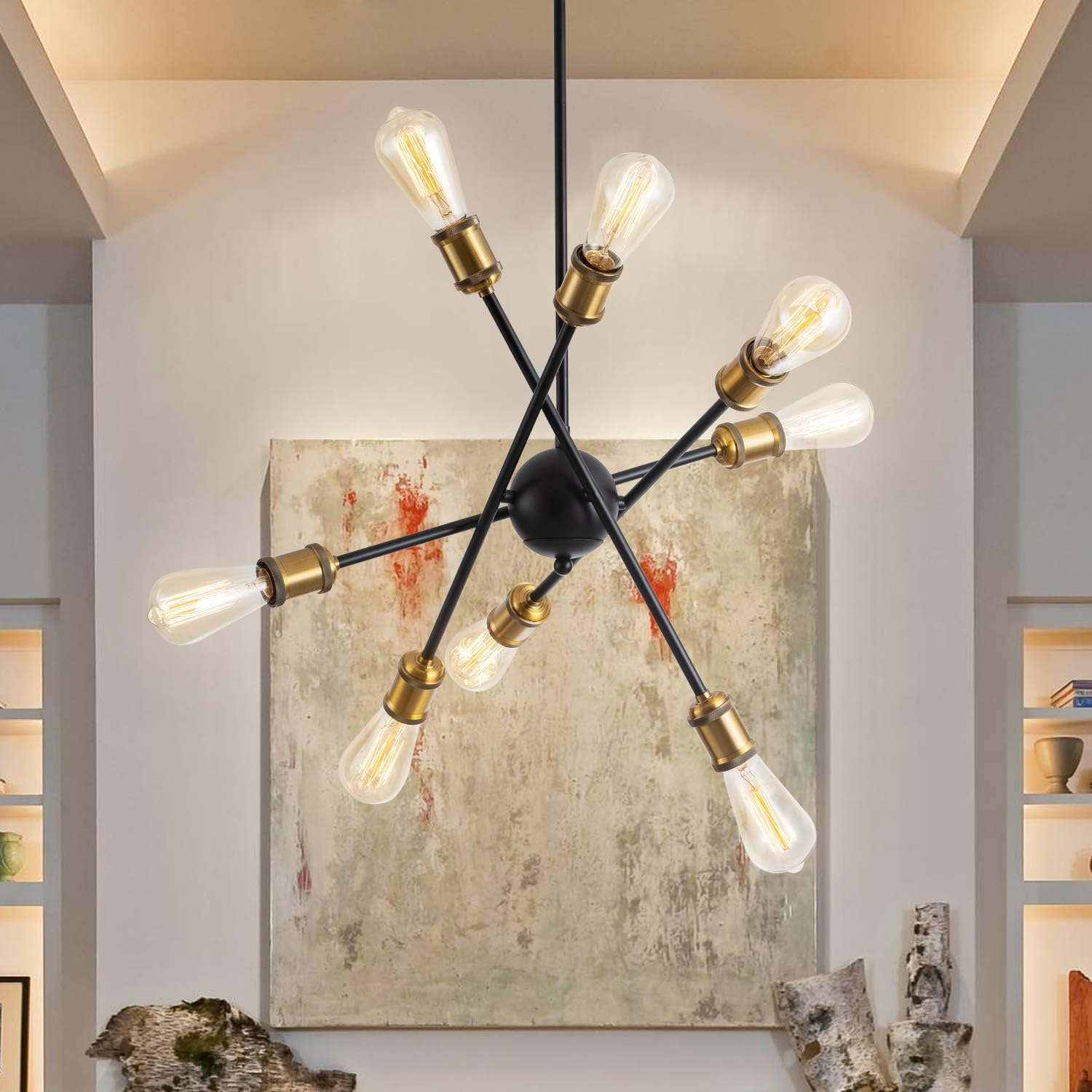 Weesalife Sputnik Chandeliers 8 Lights Modern Rotatable Mid Century Pendant Lighting Industrial Vintage Ceiling Light Fixture for Living Room Dining Room Kitchen Bedroom, Black and Gold