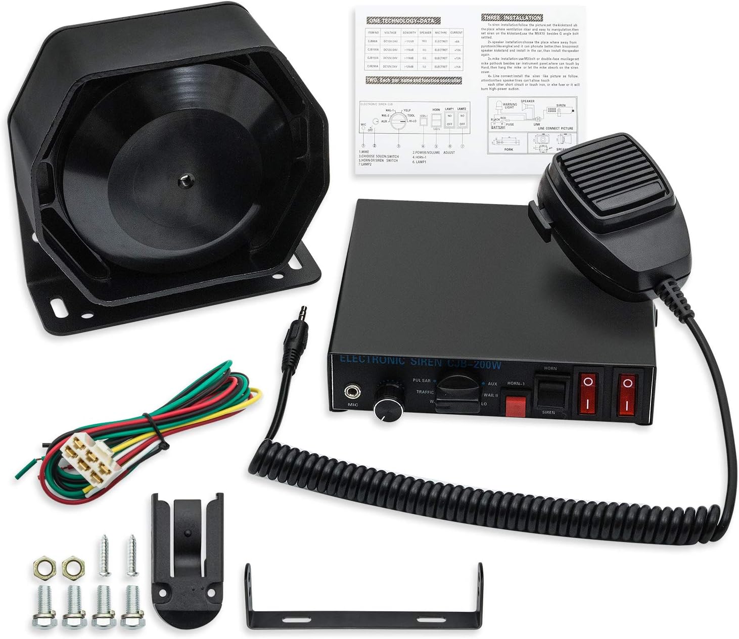 200W 7-Tones Handhold Microphone Emergency Alarm Siren Extra Speaker and Police Siren System Compatible with Ambulance Fire Trucks Police Pack of 2