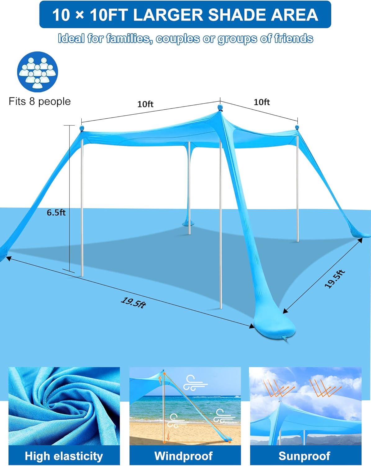 Beach Tent MAXVINI 10&times;10FT Beach Canopy with 4 Aluminum Poles Beach Shade for 6-8 Adults Pop Up Beach Tent Sun Shelter UPF50+ Easy Setup Beach Tents for Beach Lawn Park Fishing Backyard and Picnic