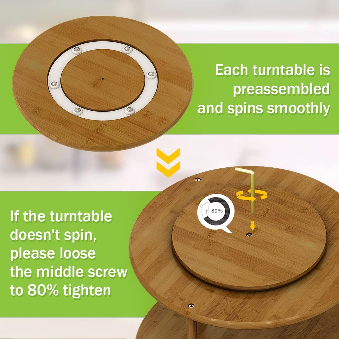 Lazy Susan Turntable For Cabinet - 2 Tier Bamboo Wooden Spinning Spice Rack Organizer, 10 Inch Walnut Color