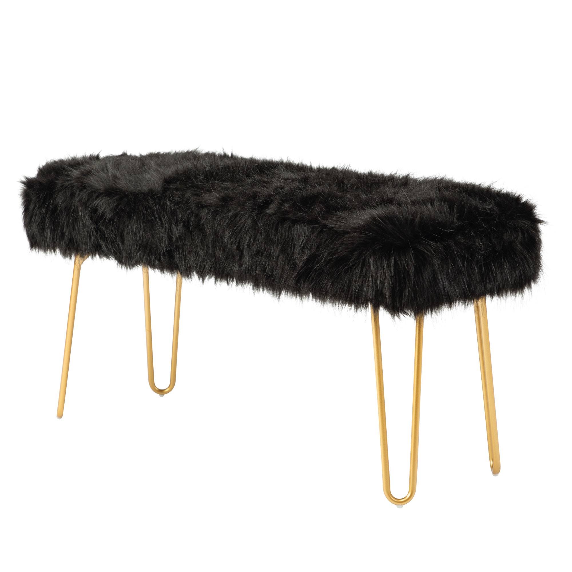 eLuxury Faux Fur Ottoman, Bench, Black