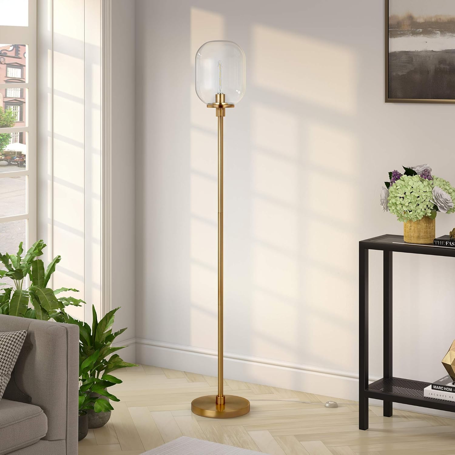 Henn&Hart Industrial Metal Floor Lamp with Clear Glass Shade in Blackened Bronze