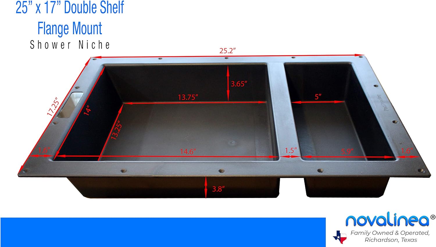 Novalinea Large Double Shelf Recessed Shower Niche, Ready to Tile, 25