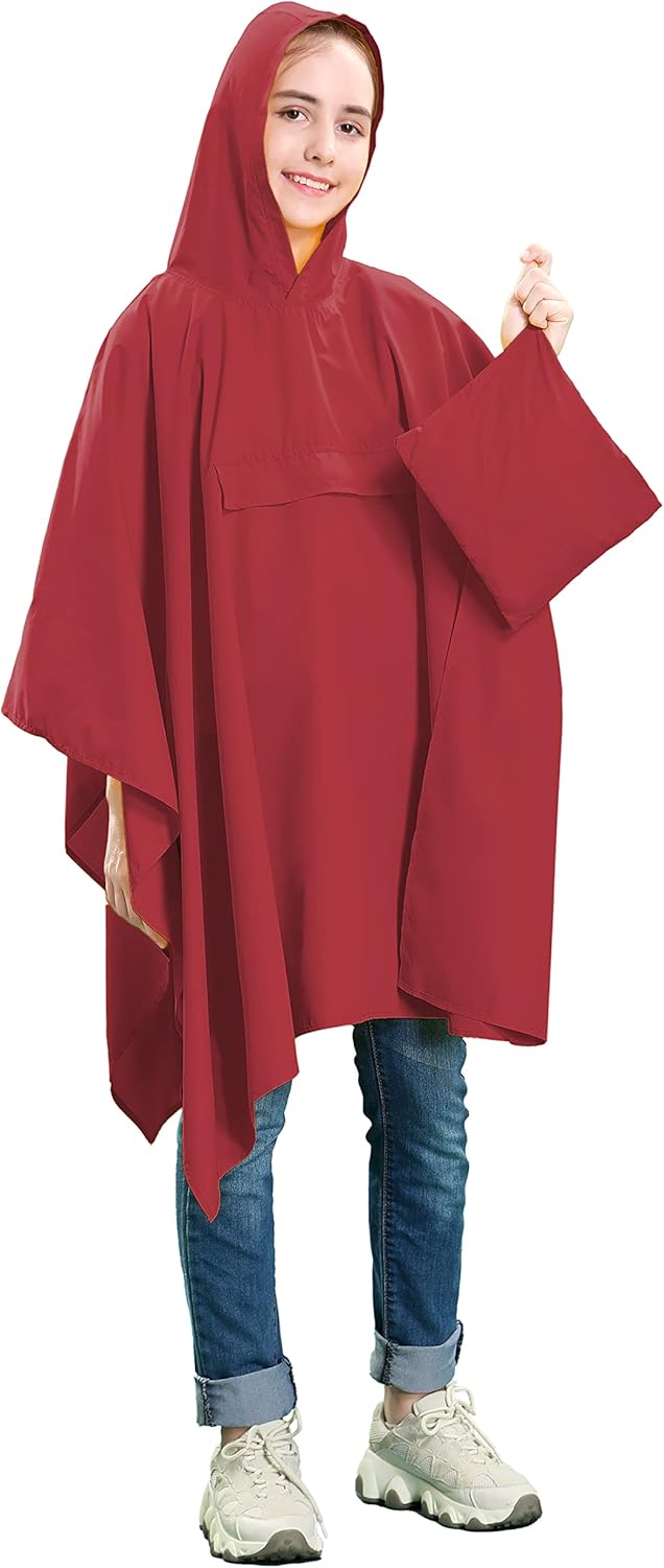 SPACEVIKING Kids Reusable Rain Coat Reusable Rain Poncho for Kids Packable Rain Wear with Hood for Boys and Girls (5-12 Y)