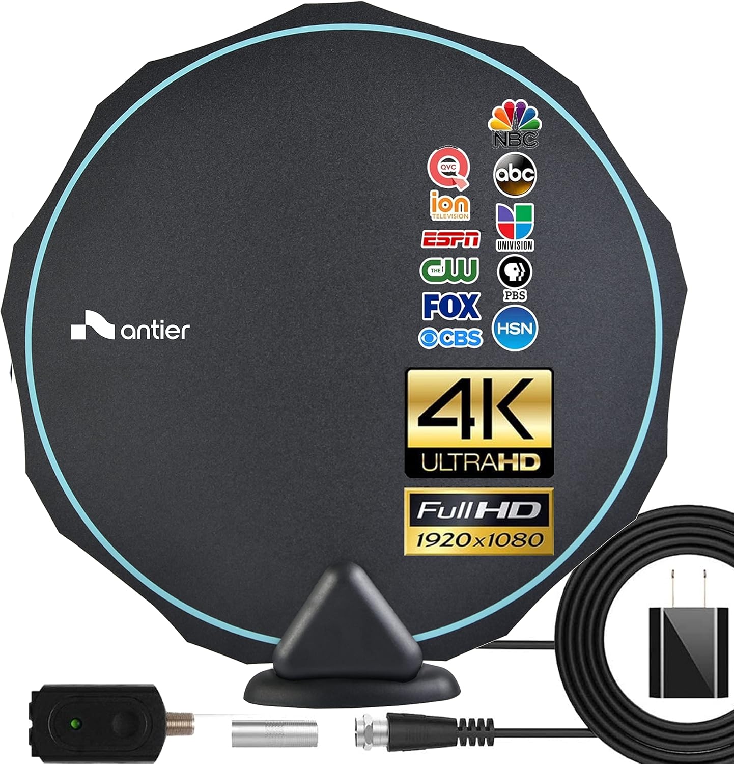 ANTIER [2021 Model] Digital Amplified Outdoor Indoor Tv Antenna &ndash; Powerful Best Amplifier Signal Booster 275+ Miles Range Support 4K Full HD Smart and Older Tvs with 9.8ft Coaxial Cable, Dark Black