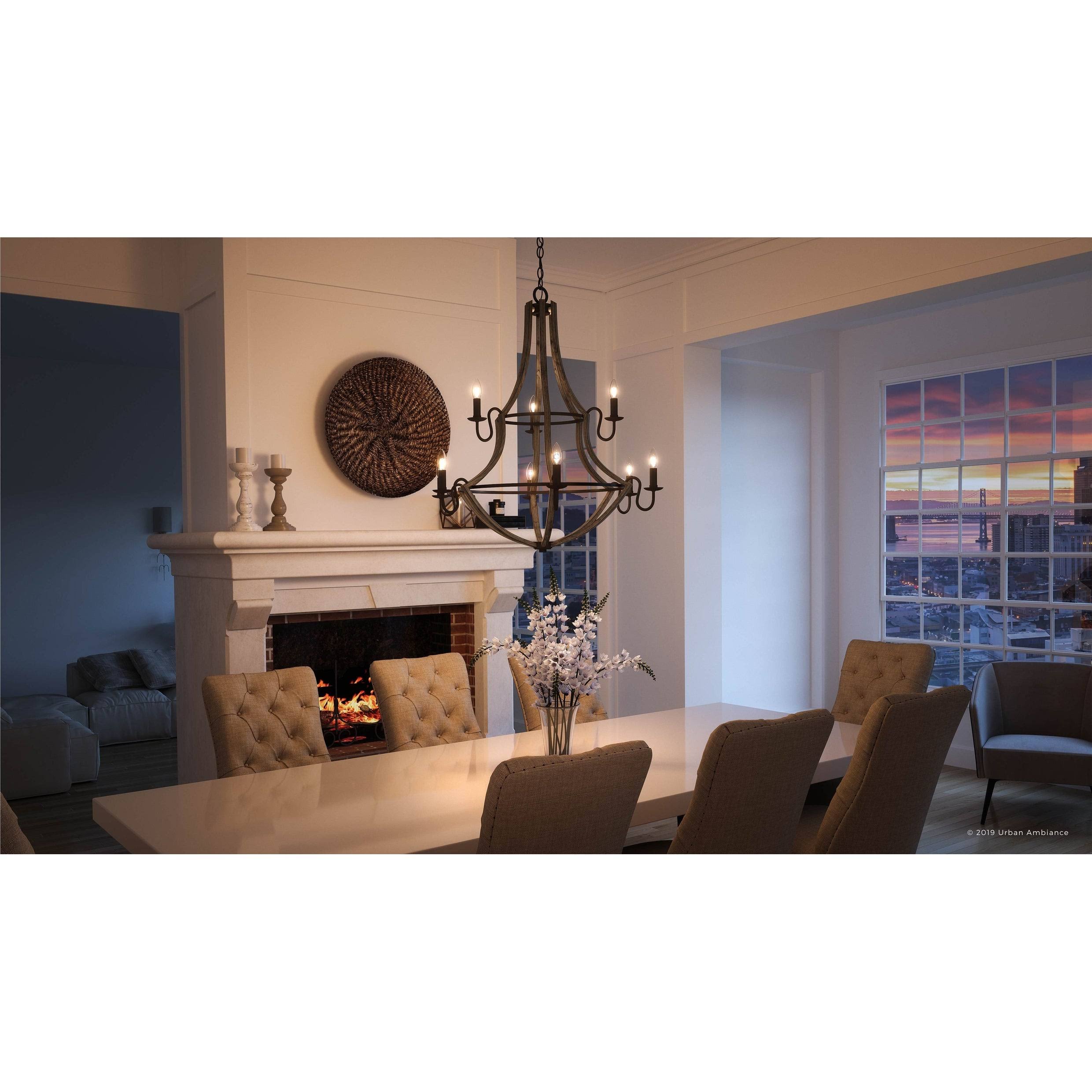 Luxury Farmhouse Chandelier, 34.75x22H x 32.5x22W, with Rustic Style, Wood Grain Metal with Antique Black Finish by Urban Ambian