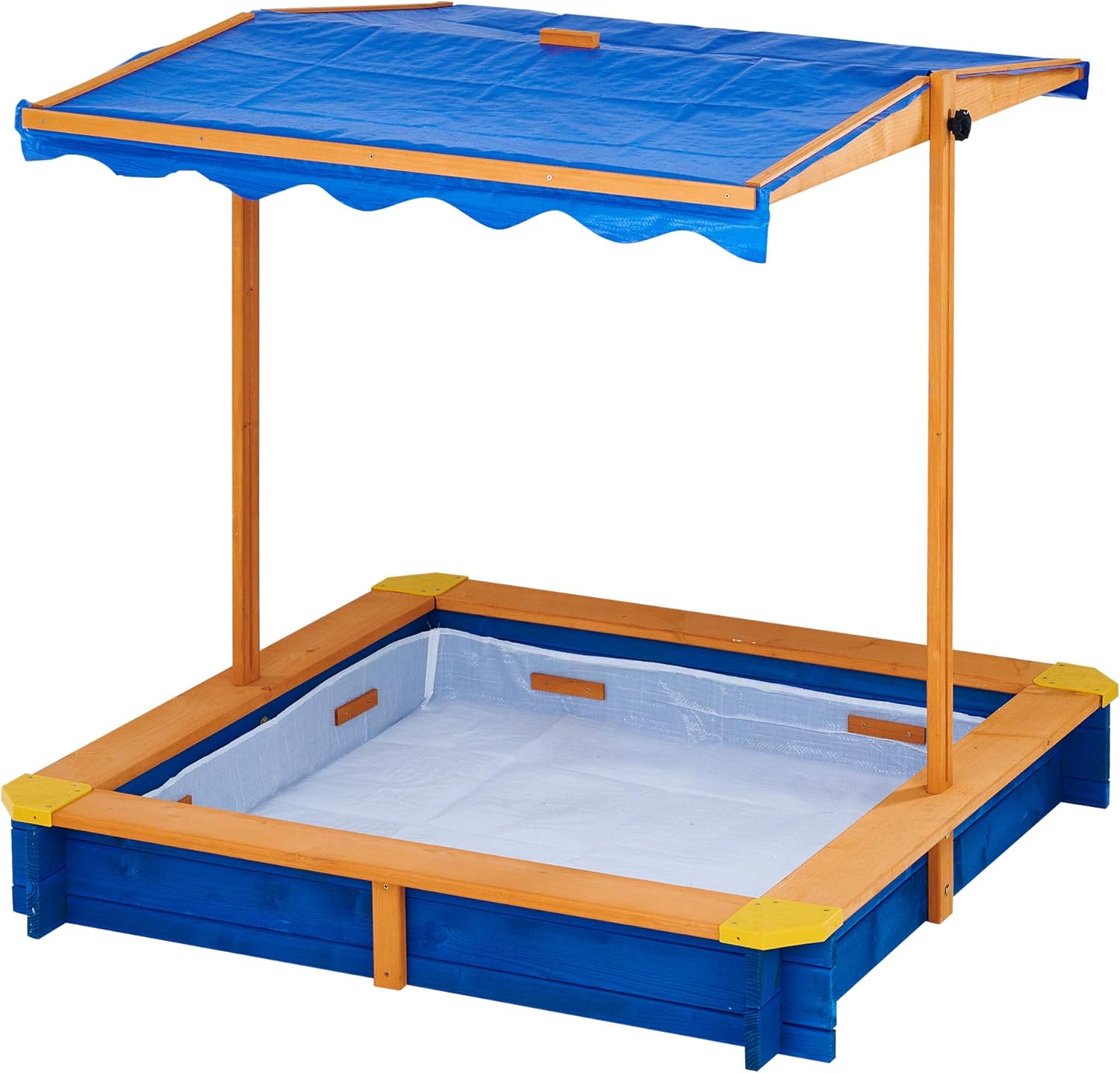 Teamson Kids - Wooden Outdoor Kids Sandbox Toys with Canopy for Garden, Backyard, Natural/Blue