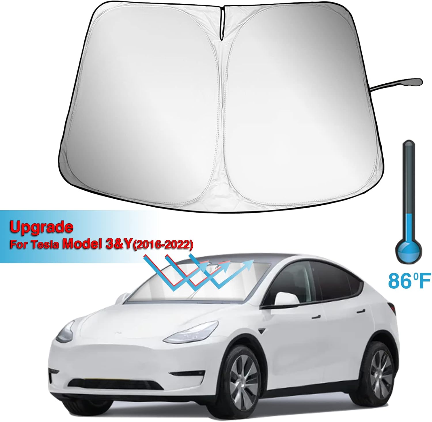 KIKIMO for Tesla Model 3/Y Windshield Sunshade 2016-2022,Tesla Model 3 Y Accessories,Foldable Glass Roof Sunshade,Blocks 98% UV Rays and Keep Cool,with Dustproof Storage Bag