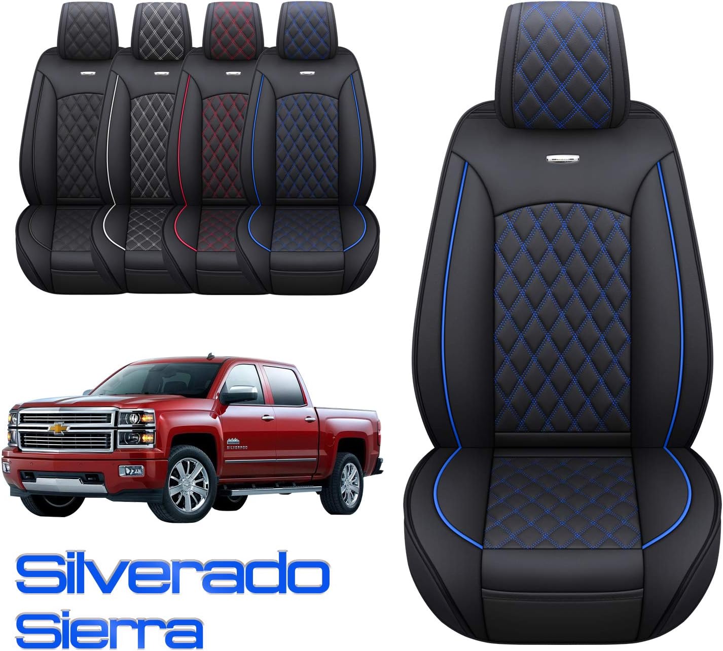 Aierxuan Seat Covers for Cars Full Set Pickup 2007-2022 GMC Sierra Chevy Chevrolet Silverado 1500 2500HD 3500HD Crew Double Extended Cab Waterproof Leather Seat Protectors (Full Set, Black-White)