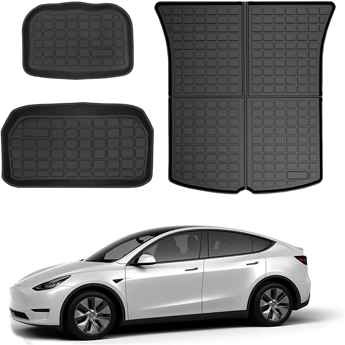 Model Y Storage Mats and Cargo Liners, All Weather Rear Cargo Trunk Tray Floor Mat Custom Fit for 2020 2021 Tesla Model Y 5-Seat, 3D Tech Modeling Waterproof Durable Foldable TPO Rubber Accessories