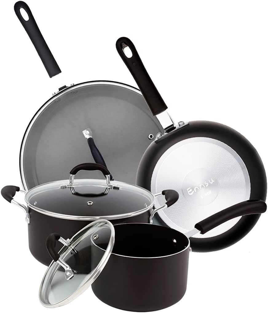 Cookware Pots and Pans Set,PFOA-Free 2-Layer Daikin Coating Kitchen Cooking Set, Black Cooking Pots (8-Piece, Black)