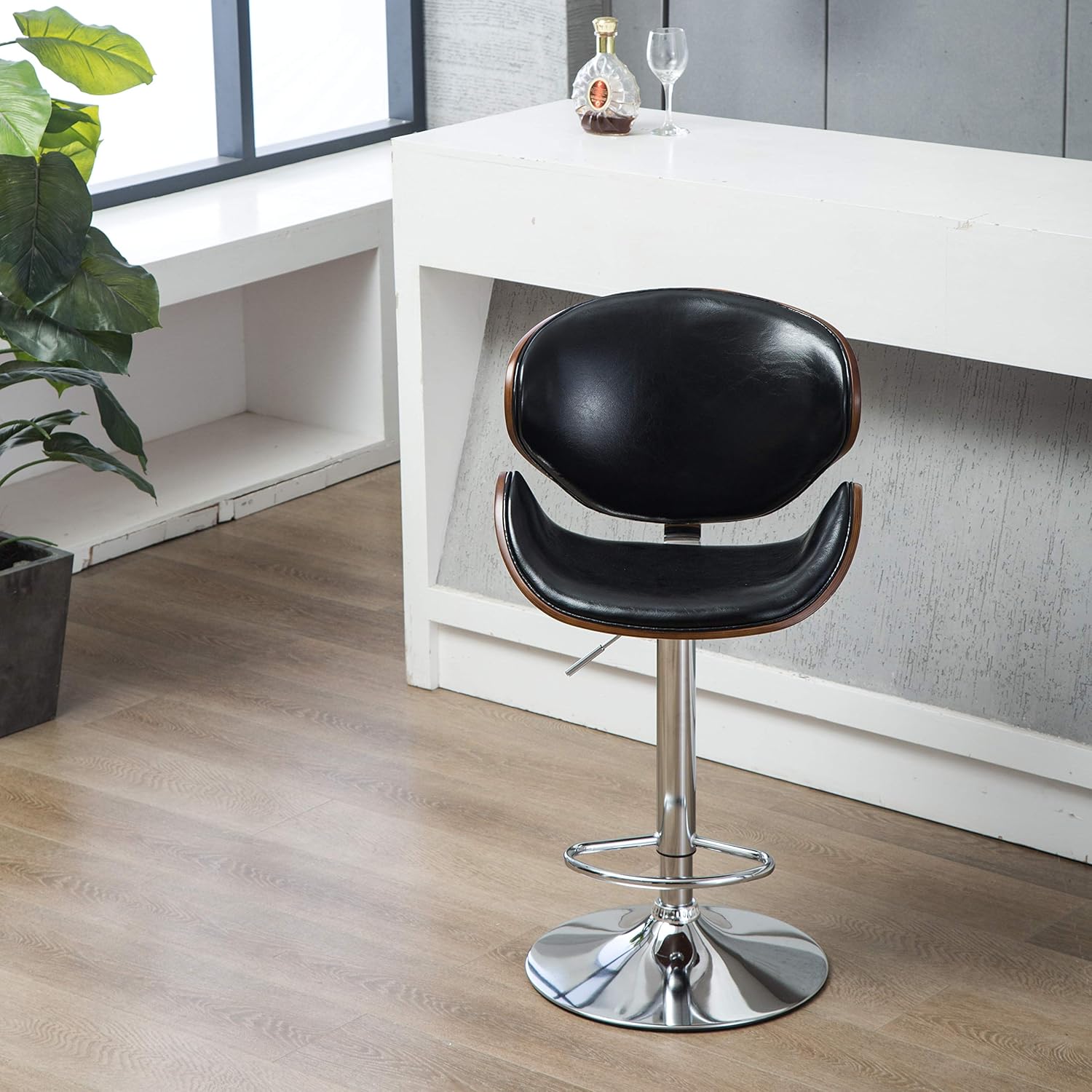 ANRAN Bar Stool Adjustable Height Swivel Walnut Bentwood PU Leather Home Bar Stool with Curved Black Vinyl Seat and Back(Black)