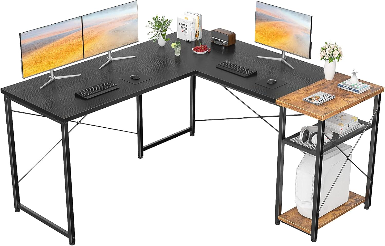 Homfio L Shaped Desk Computer Office Desk with Shelves Corner Computer Desk Large Gaming Table Industrial Simple Desk Workstation for Home Office Study Writing Table, Black and Rustic Brown
