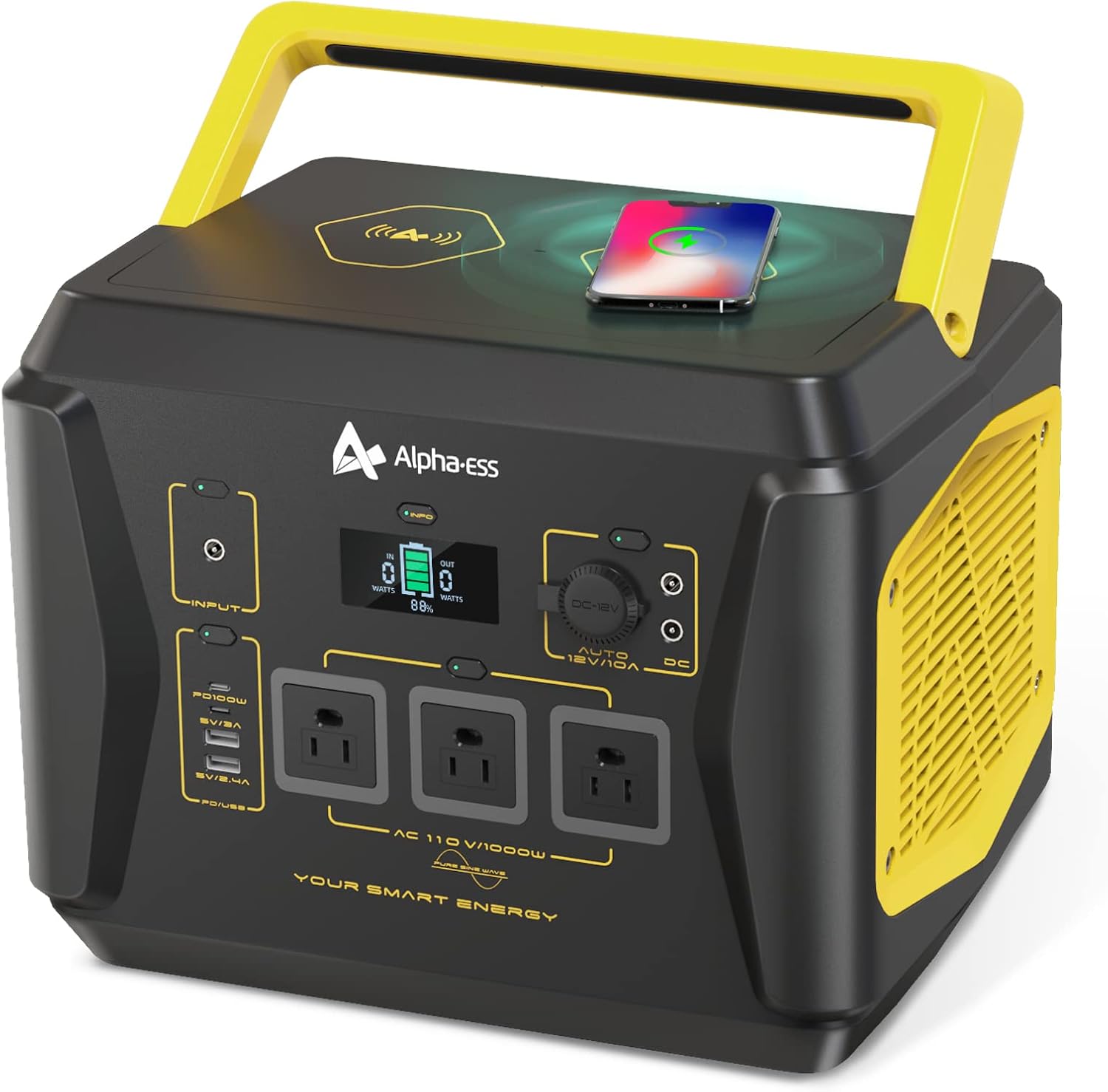 1000watt Portable Power Station, AlphaESS Solar Generator with 1036Wh Capacity, 3 x 110V Pure Sine Wave AC Output, DC, PD100W USB, Wireless Charging, Backup Battery for Home, RV, Camping, Emergency(Solar Panel NOT Included)