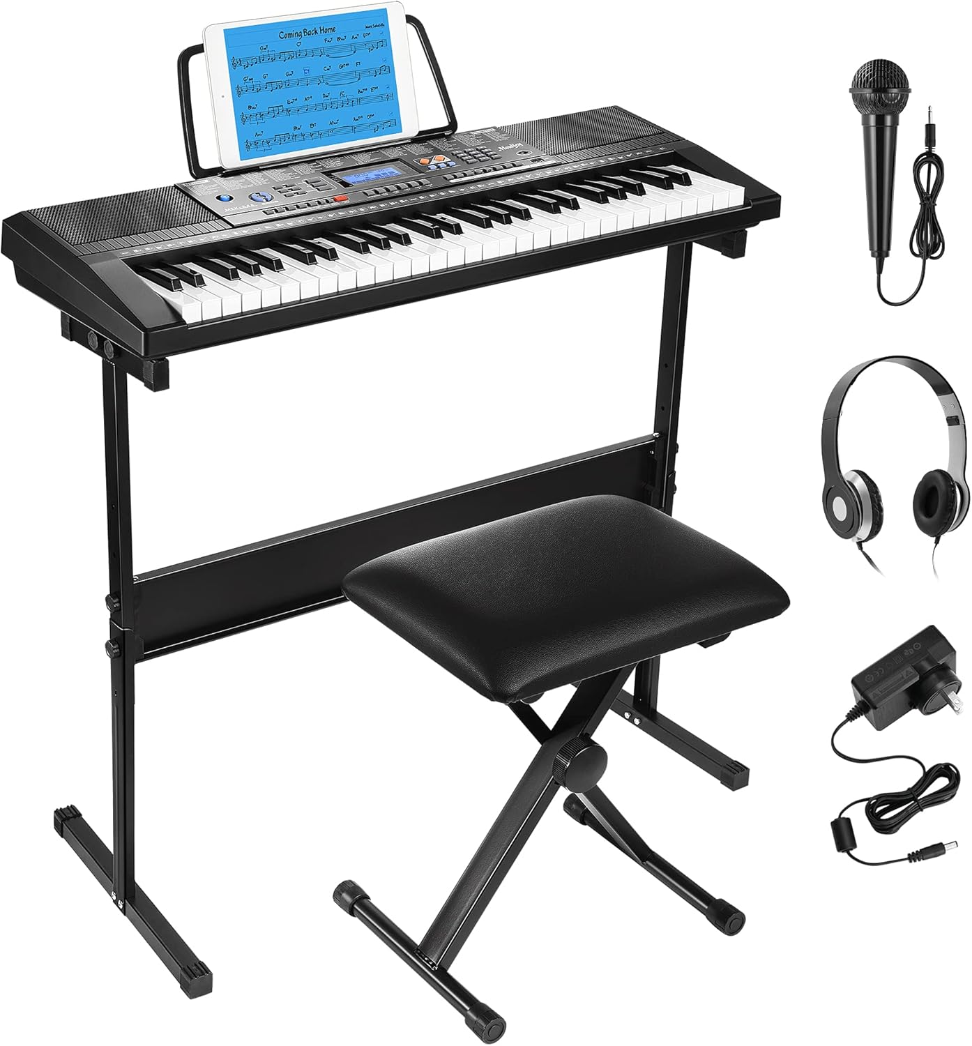 Moukey Keyboard Piano, 54 Key Piano Keyboard for Beginners, Electronic Keyboard with Piano Stand, Music Stand, Stool, Microphone, Headphones, Stickers & Power Supply, Black, Perfect Christmas Gift