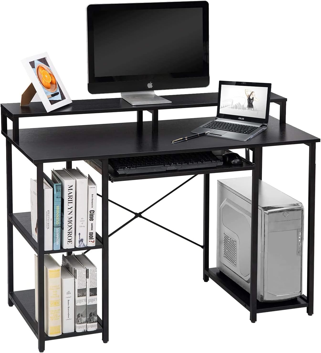 YGBH Computer Desk with Hutch, Office Desk with Keyboard Tray, Modern Writing Study Desk for Small Spaces, Desk with Open Shelves and Monitor Shelf