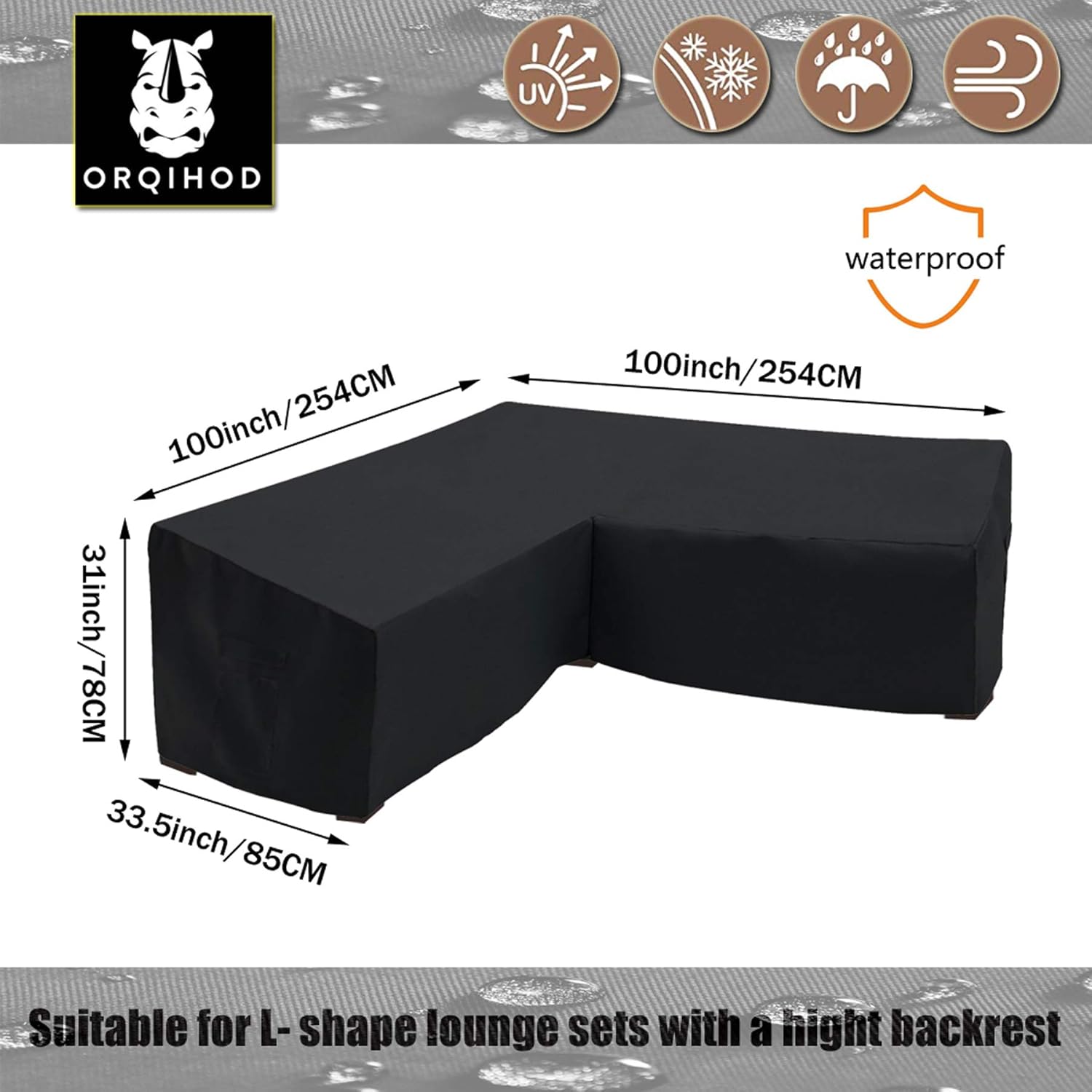 Orqihod Outdoor Sectional Sofa Cover Waterproof, V Shaped 100 Inch Heavy Duty Patio Furniture Sofa Protector with Storage Bag, Black, 600D