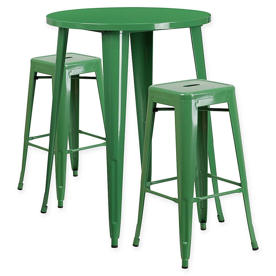 Flash Furniture 3-Piece 30x22 Round Metal Bar Table and Stackable Stools Set in Green