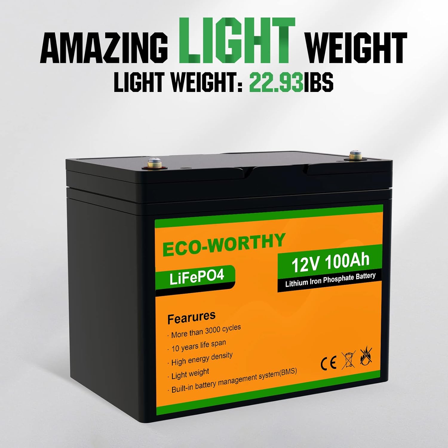ECO-WORTHY 12V 100AH LiFePO4 3000+ Cycle Lithium Iron Phosphate fast charging Battery with BMS, Rechargeable battery for RV, Camping, Marine, Backup power, Solar Home Off-Grid System
