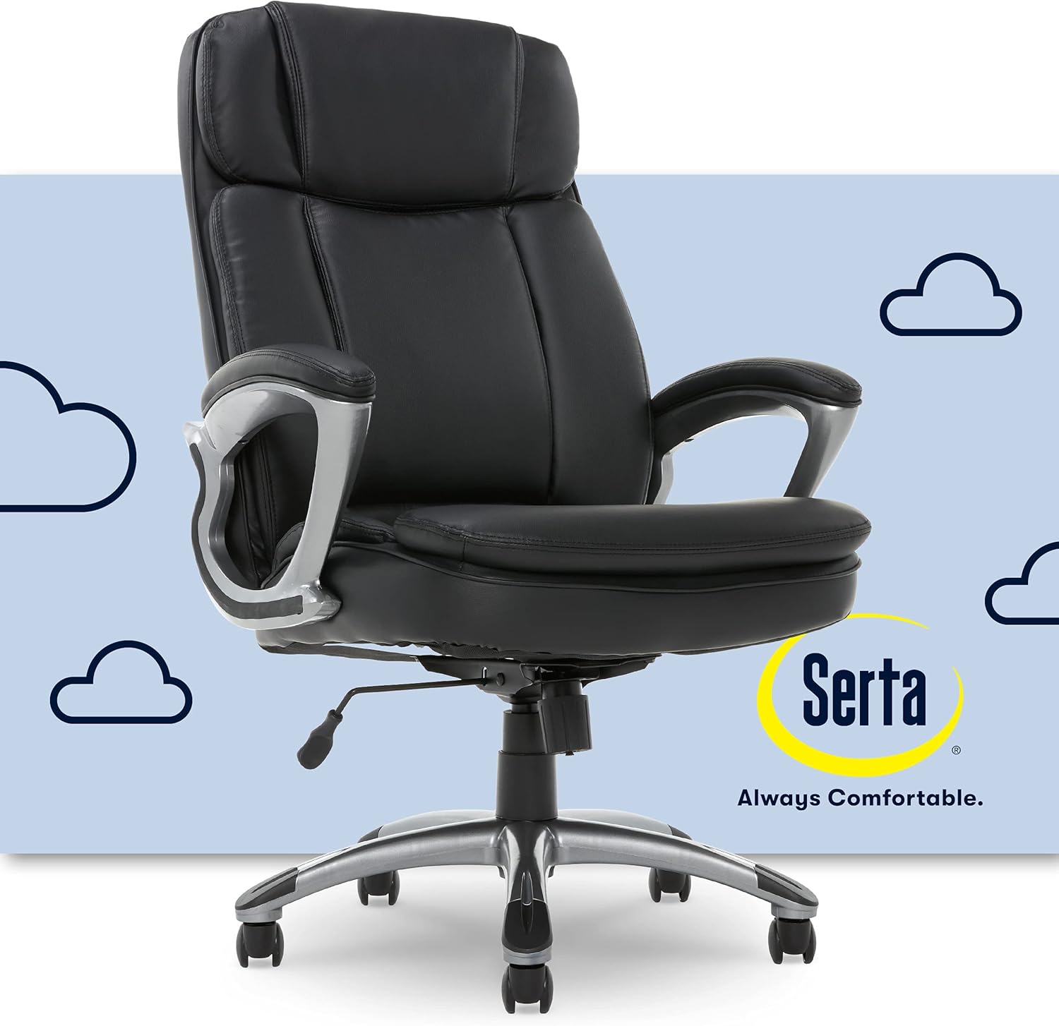 Serta Big & Tall Executive Office Chair High Back All Day Comfort Ergonomic Lumbar Support, Bonded Leather, Black