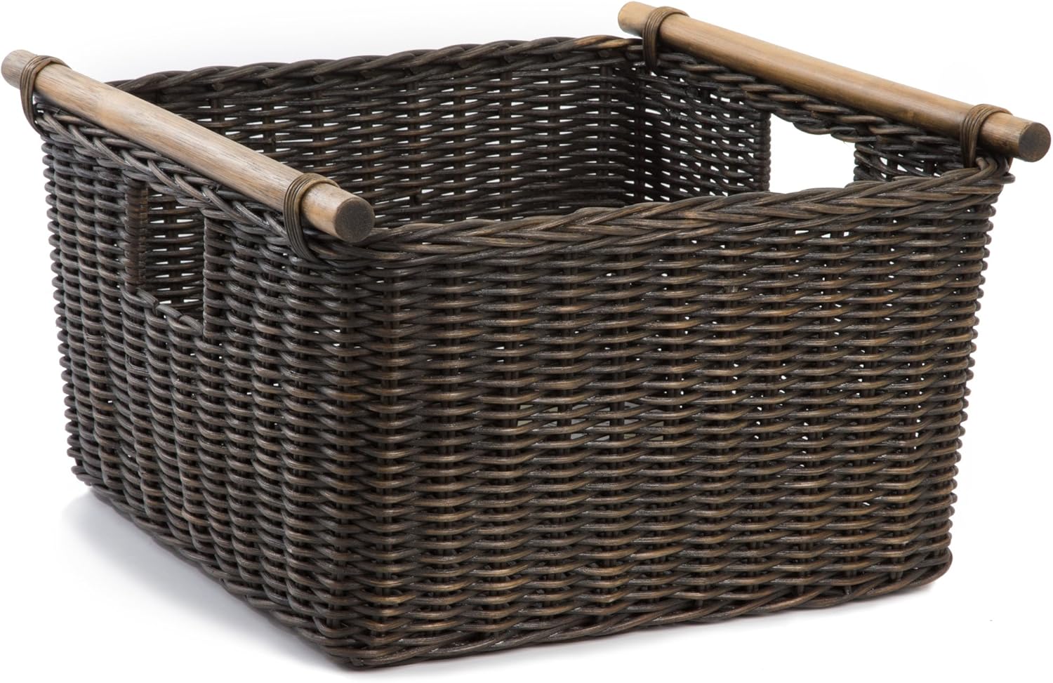 The Basket Lady Deep Pole Handle Wicker Storage Basket, Medium, 13.5 in L x 14 in W x 9 in H, Antique Walnut Brown Pack of 2