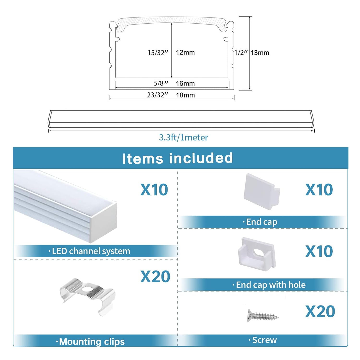 Muzata 10Pack 3.3FT/1M White LED Channel System Spotless U Shape with Frosted Milky White Diffuser Cover 18x13 mm Wide Aluminum Profile Track for Waterproof Light Strip Light U103 1M HW, LN1 LU2 LP1