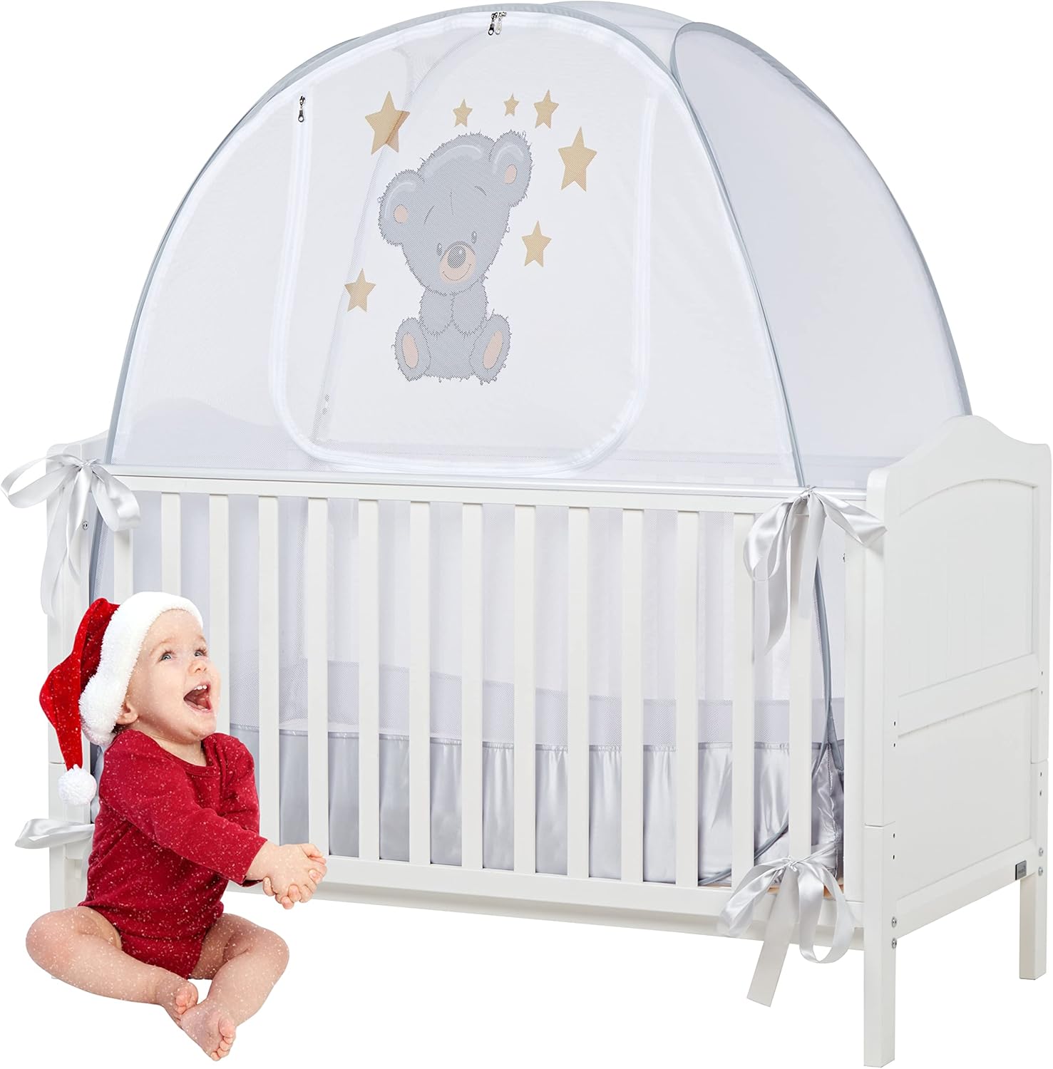 Safety Pop up Crib Tent Cover to Keep Your Baby from Climbing Out & Insects Bite, Crib Tents to Keep Toddler in - Premium, Soft, Stylish & Unisex Crib Net to Keep Baby in Crib - Mesh Crib Canopy Tent Pack of 2