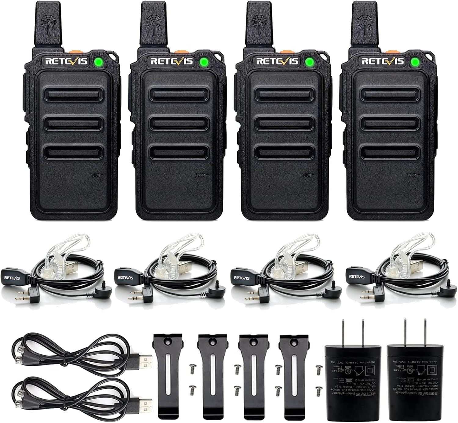 Retevis RT19 Walkie Talkies for Adults, Mini Two Way Radio, Rechargeable 2 Way Walkie Talkies with Earpiece, Hands Free, Metal Clip,1300mAh Battery(4 Pack)
