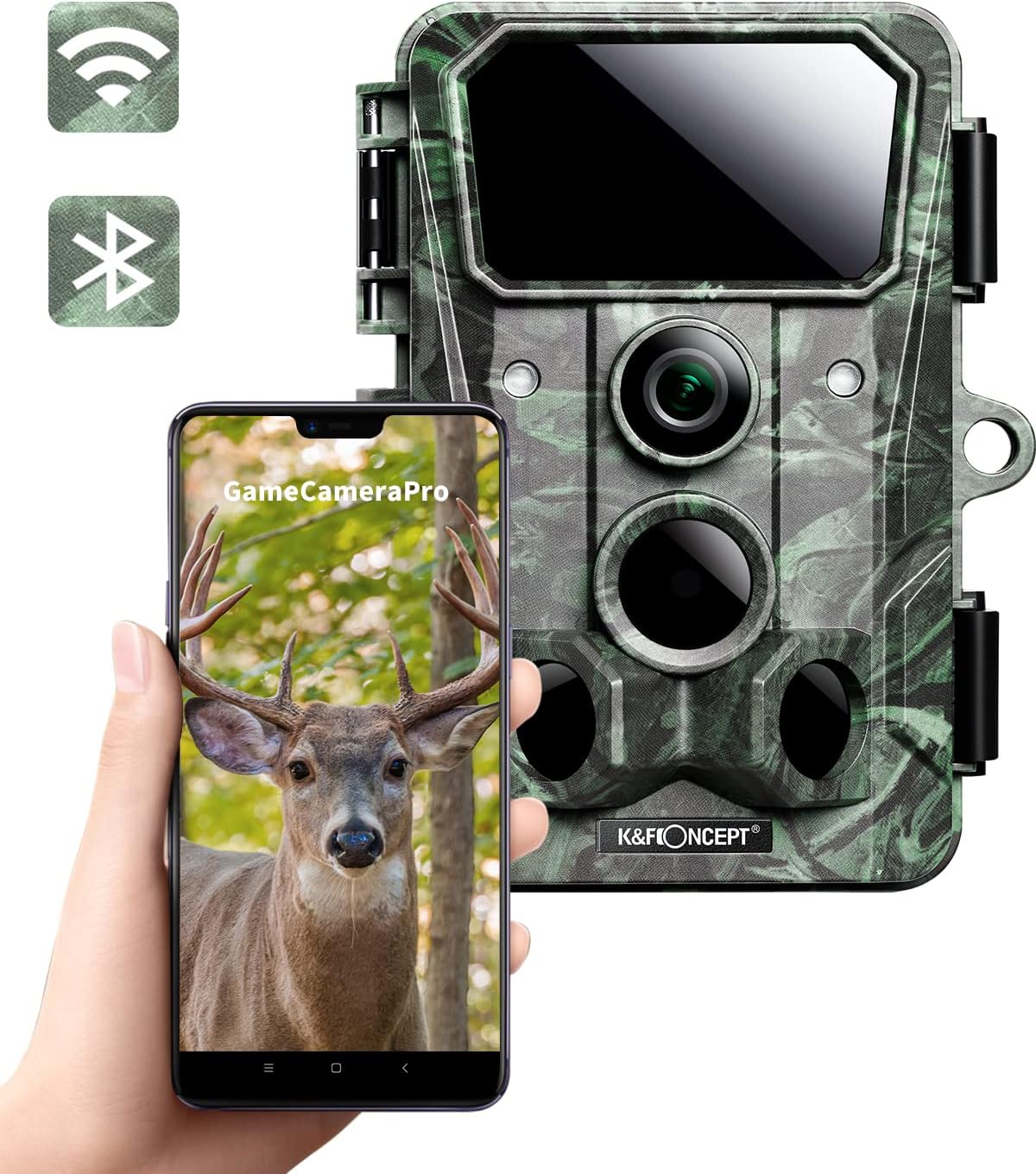 K&F Concept 4K@30FPS WiFi Trail Camera 30MP Bluetooth Hunting Game Camera with 120° No Glow Night Vision 66ft 0.2s Motion Activated IP66 Waterproof Wildlife Camera APP Control Send Pictures to Phone