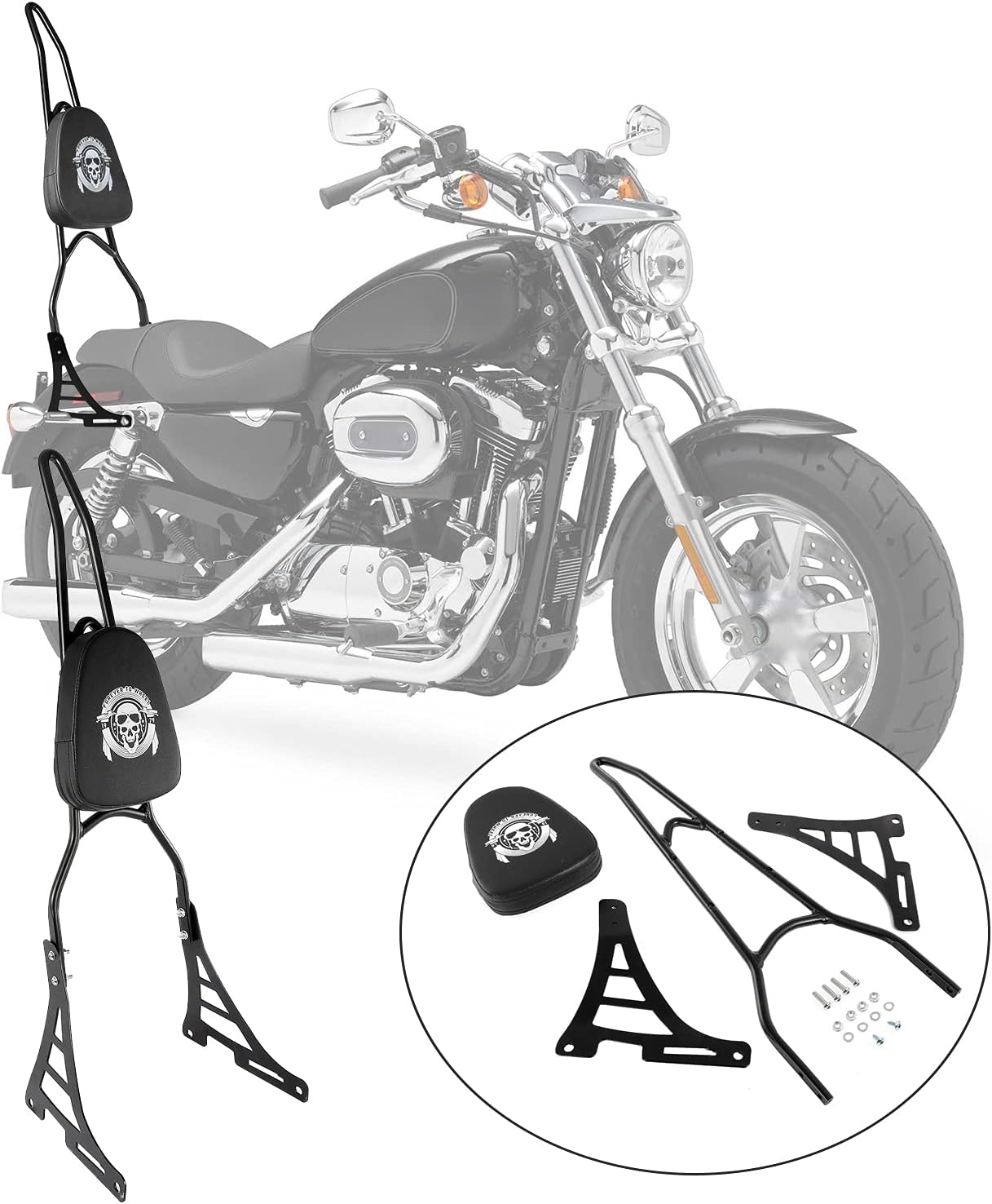 INNOGLOW Motorcycle Black Rear Passenger Seat Detachable Backrest Sissy Bar W/Cushion Pad for Harley Davidson XL 883 1200 2004-Up