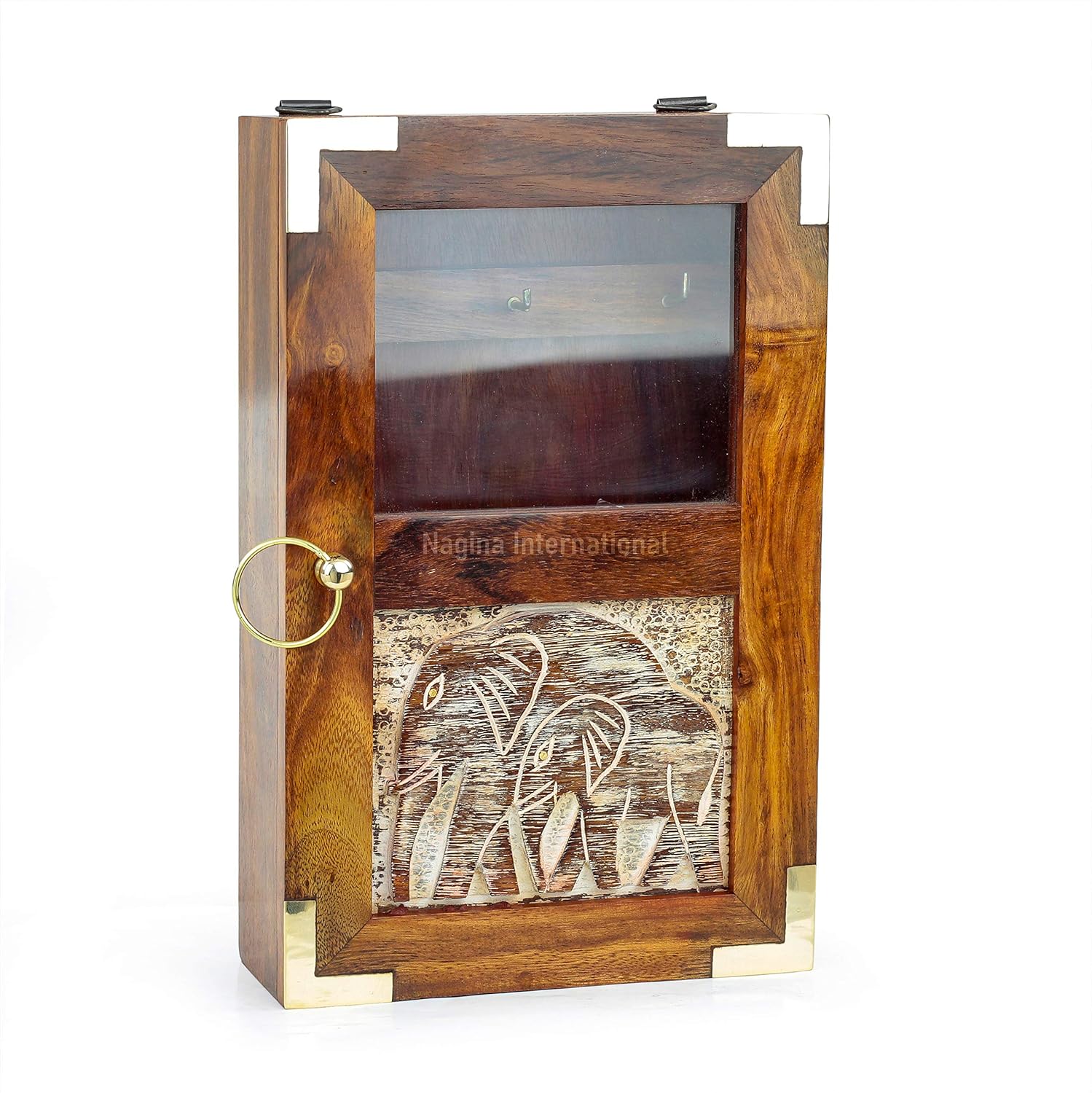 Nagina International Hand Crafted Premium Wooden Key Box | Elephant Wood Carving | Keys Hanging Cabinet Pack of 2