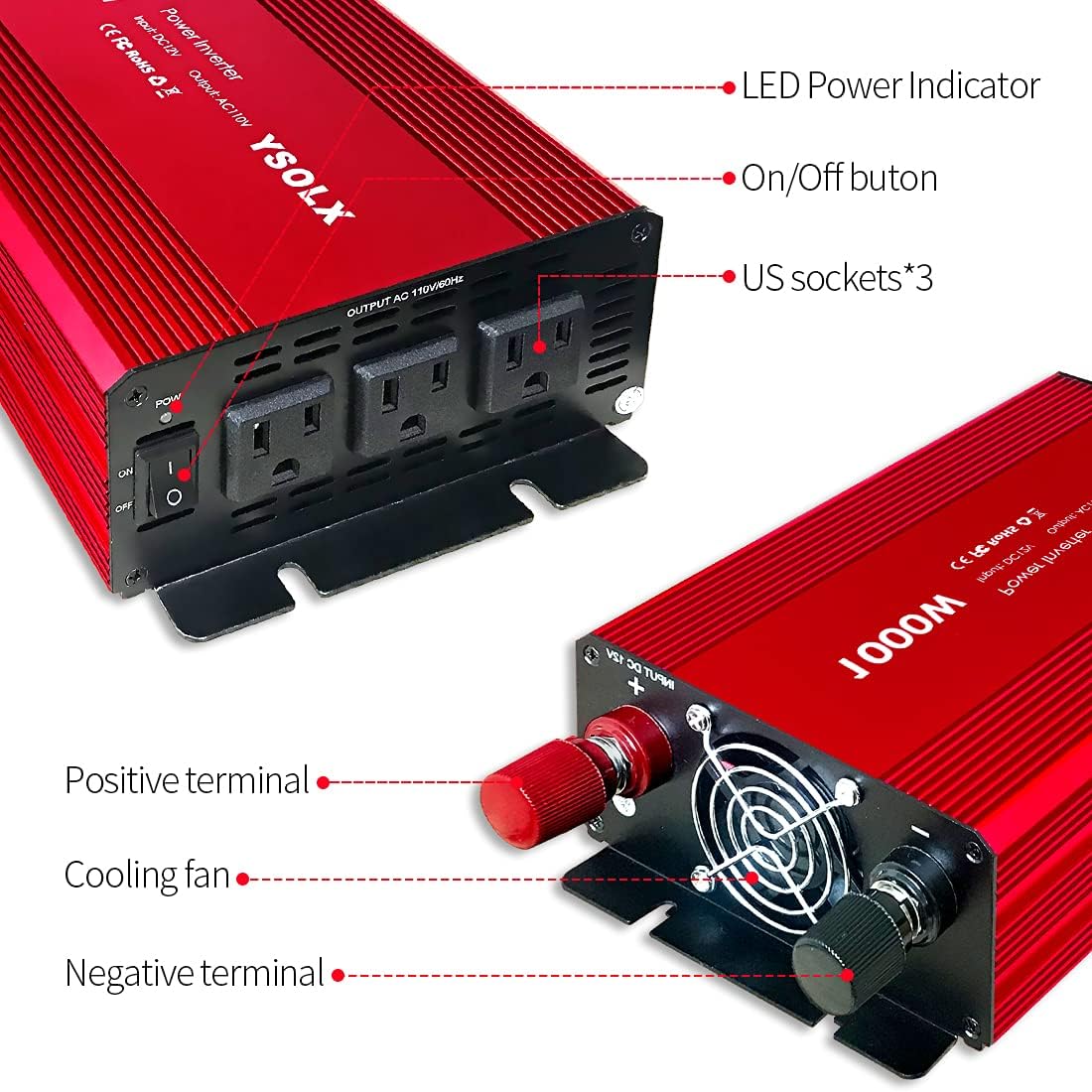 Power Inverter 12v to 110v, Dc to Ac Converter with 3 AC Outlets, 1000 watt Inverter for Car/RV/Home Pack of 2