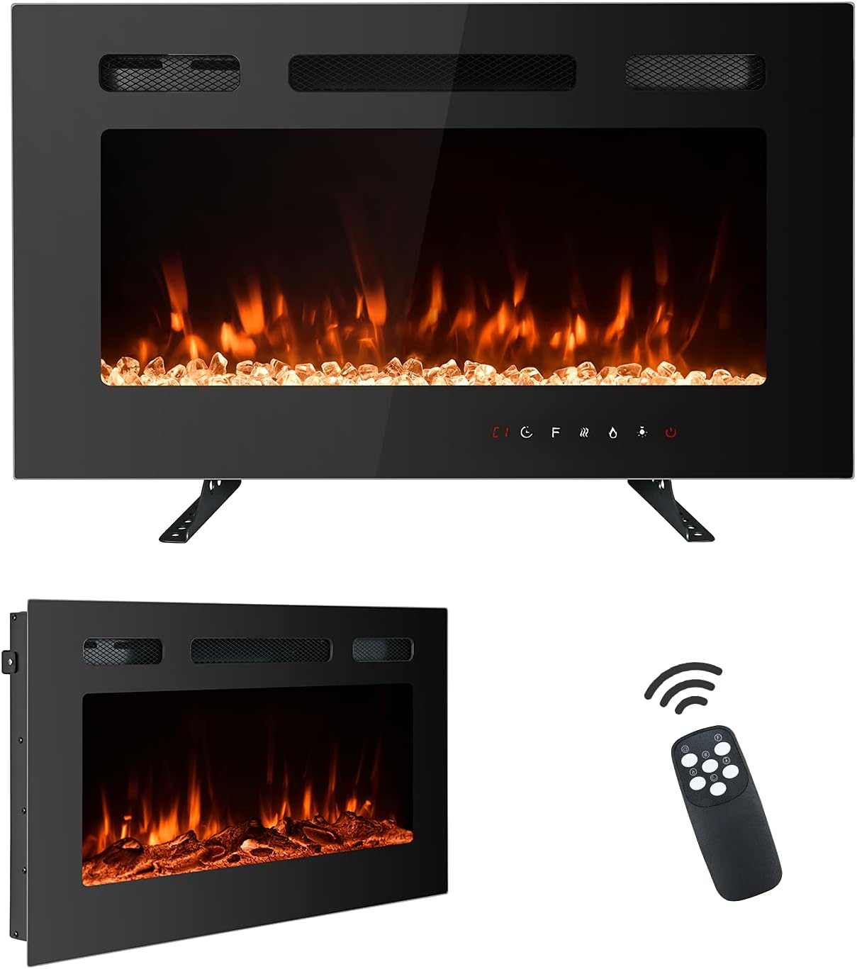 YOLENY 30 inch Electric Fireplace with Free Standing, Wall Mounted Fireplace Insert Heater with Touch Screen Control Panel, Recessed Electric Fireplace,12 Color LED Flamer, 750/1500W1