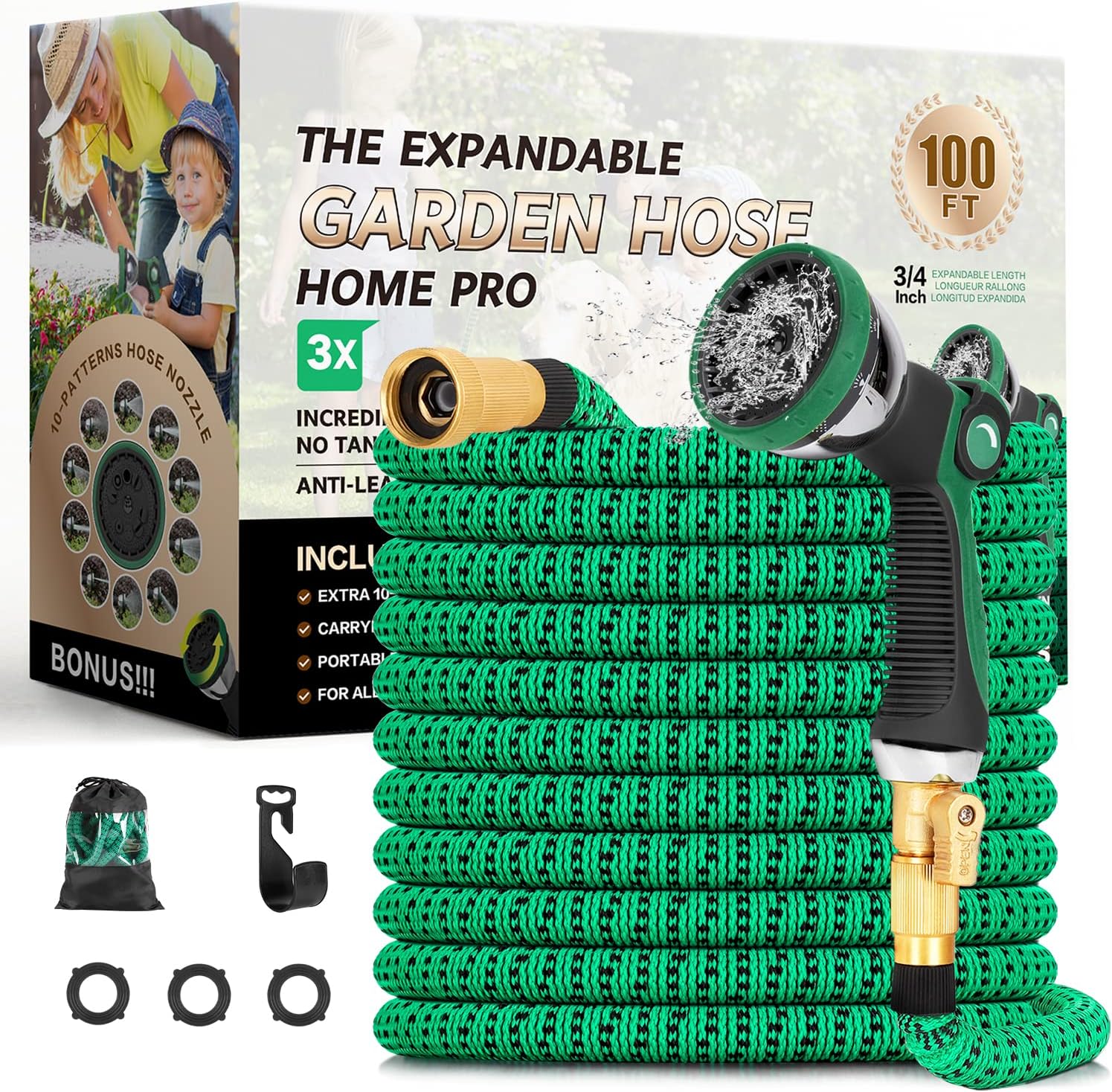 ZRen Expandable Garden Hose 100ft-Water Hose with 10 Way Zinc Alloy Spray Nozzle with 3/4 Inch Solid Brass Fittings and Durable 4-Layers Latex 3750D Flexible Lightweight No Kink Expanding Hose Pipe Pack of 2