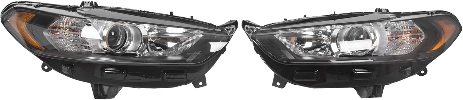 ECOTRIC Pair Headlights Lights Lamps Compatible with 2013-2016 Ford Fusion [Halogen Models] Driver Passenger Black Bezel