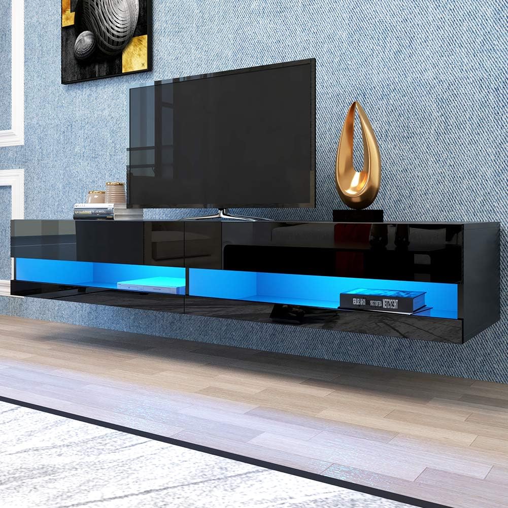 CIdkem 180 Wall Mounted Floating Media Consoles Hanging TV Console for 80 inch TVs Entertainment Center with 20 Color LEDs (Black)
