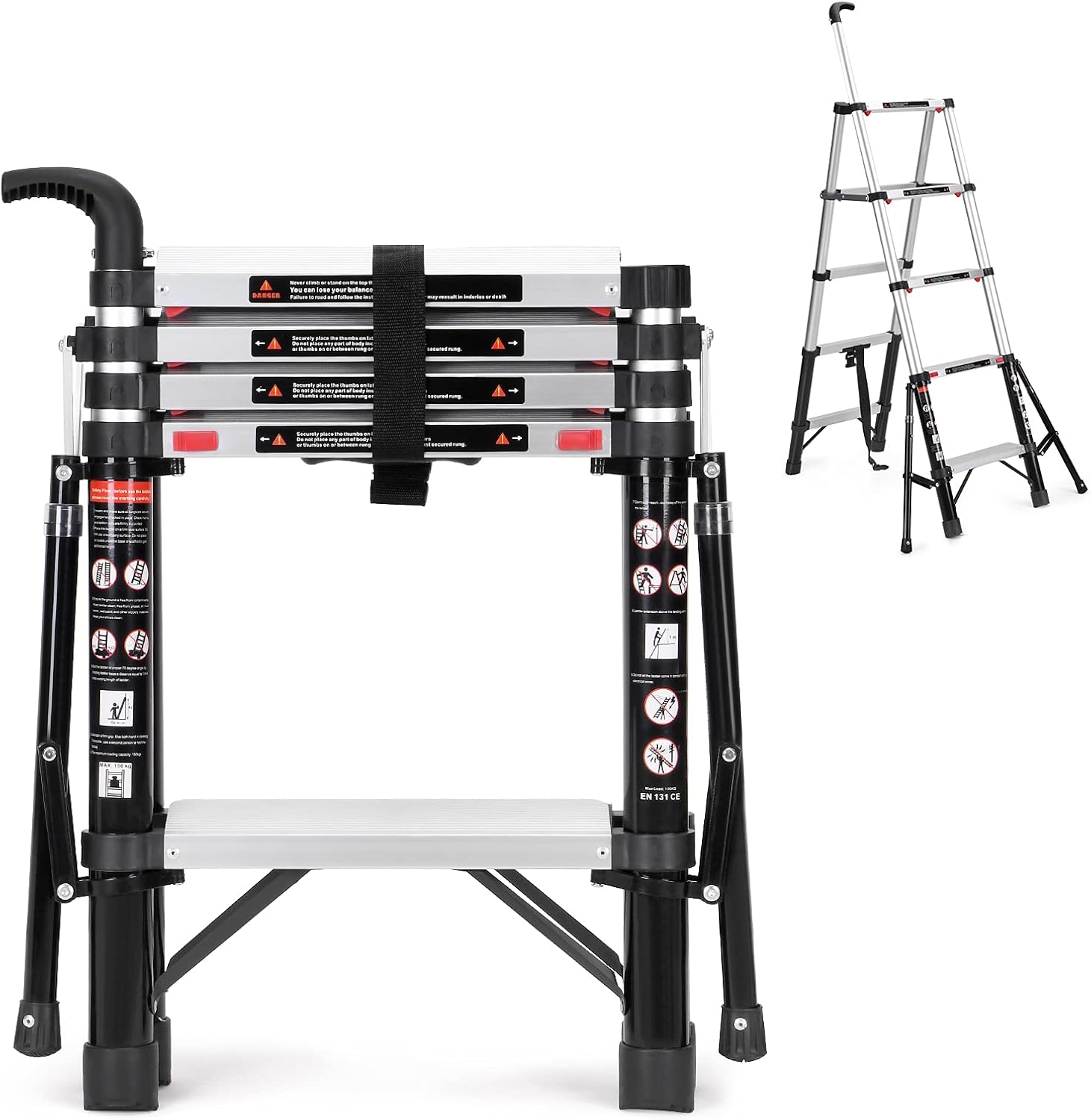 ALPURLAD Telescoping Ladder 4.7FT Lightweight Aluminum Extension Ladder with Handrail Easy Retraction Anti-Slip Collapsible Ladder for Home Roof Multi-Purpose Ladder 330lbs Capacity