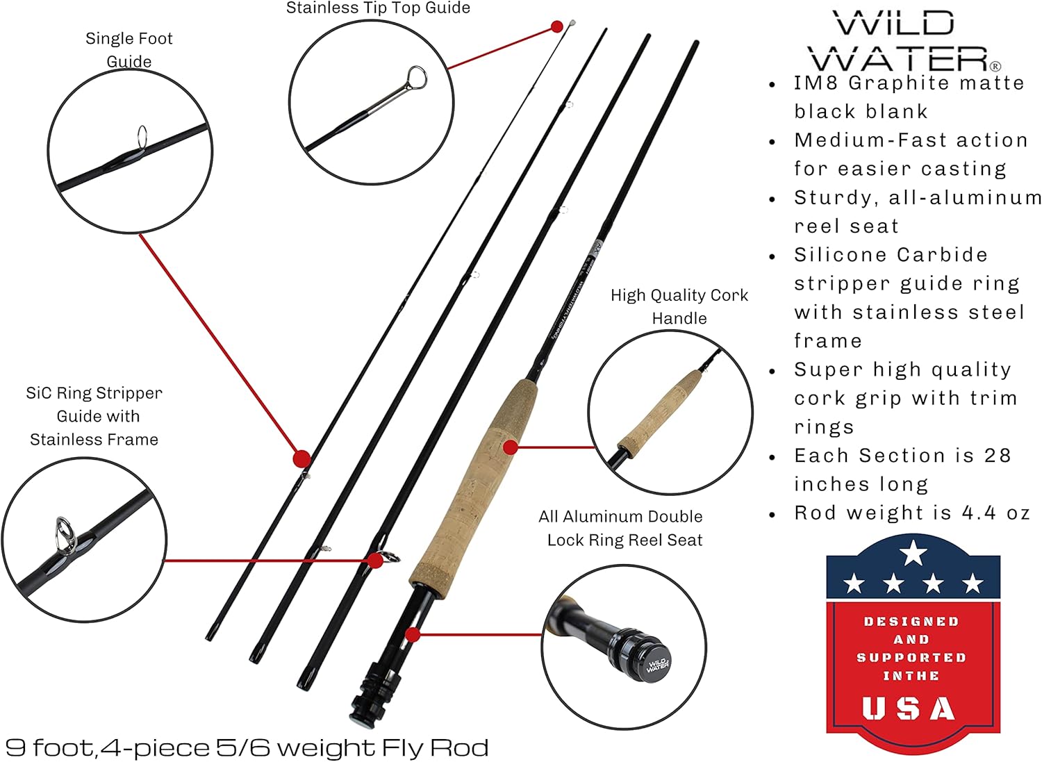 Wild Water Fly Fishing Fortis Series CNC Machined Fly Reel, 9 Foot, 4-Piece, 5/6 Weight Fly Rod Complete Fly Fishing Rod and Reel Combo Starter Package