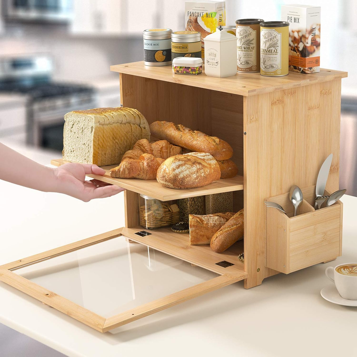 Bamboo Bread Box,Wooden Kitchen Storage Bin,Bread Container with Transparent Window / Adjustable 2- Layer Countertop Bread Storage for Kitchen & Picnic (Style2-Oblong Bread Box) Pack of 2