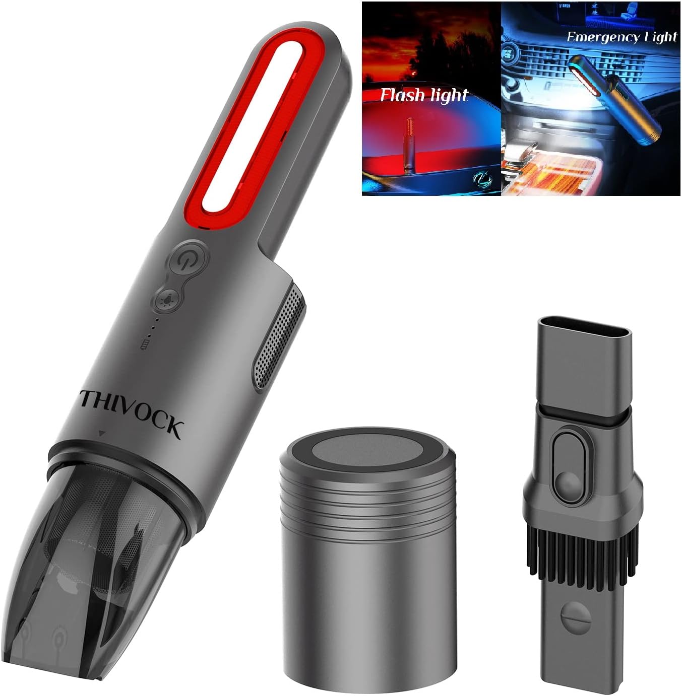 THIVOCK Car Vacuum Cleaner,Cordless Rechargeable,with Emergency Light,Flash Light,Double Layer Filter,Powerful Cyclonic Suction,for Home Office and Car Cleaning,V8