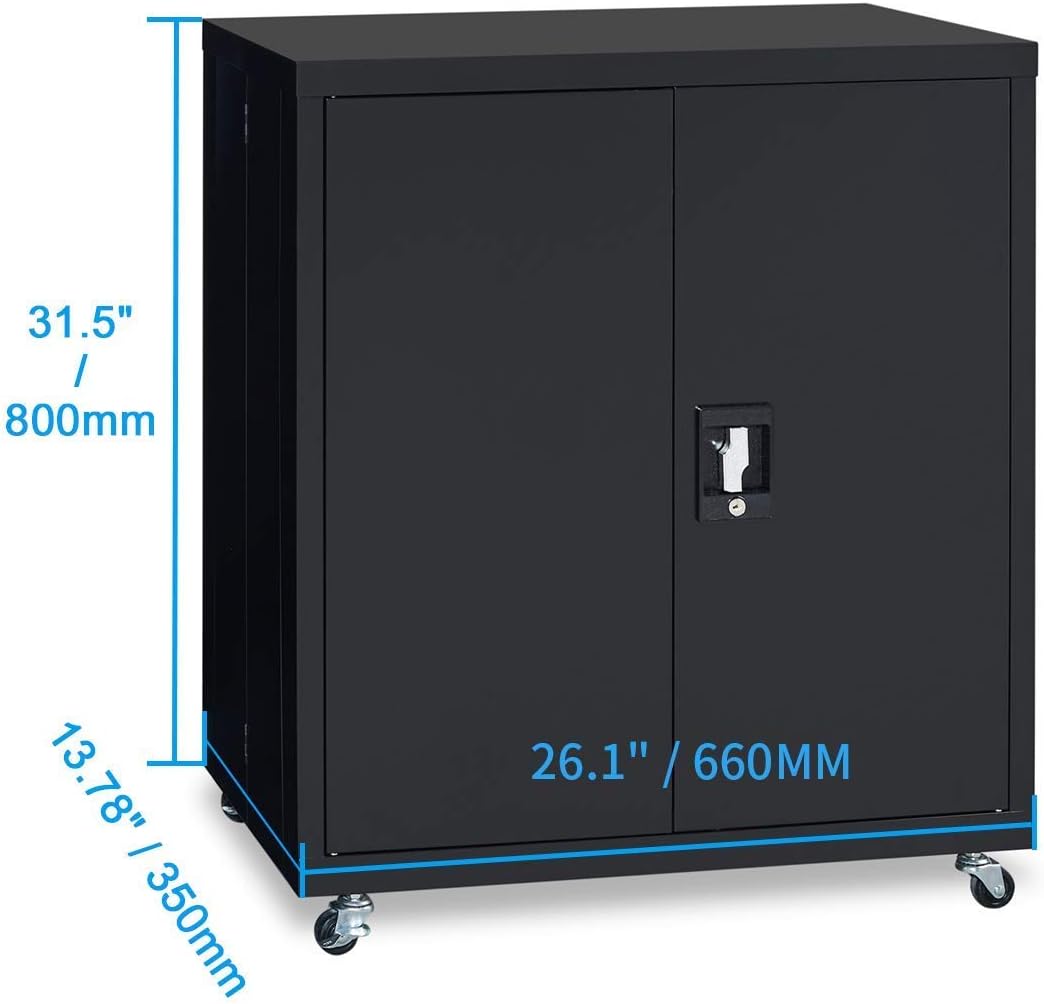 GREATMEET Metal Storage Cabinets with 1 Adjustable Shelve and Locking Doors,Steel Counter Height Cabinet with Wheels for Home Office Black 26.1