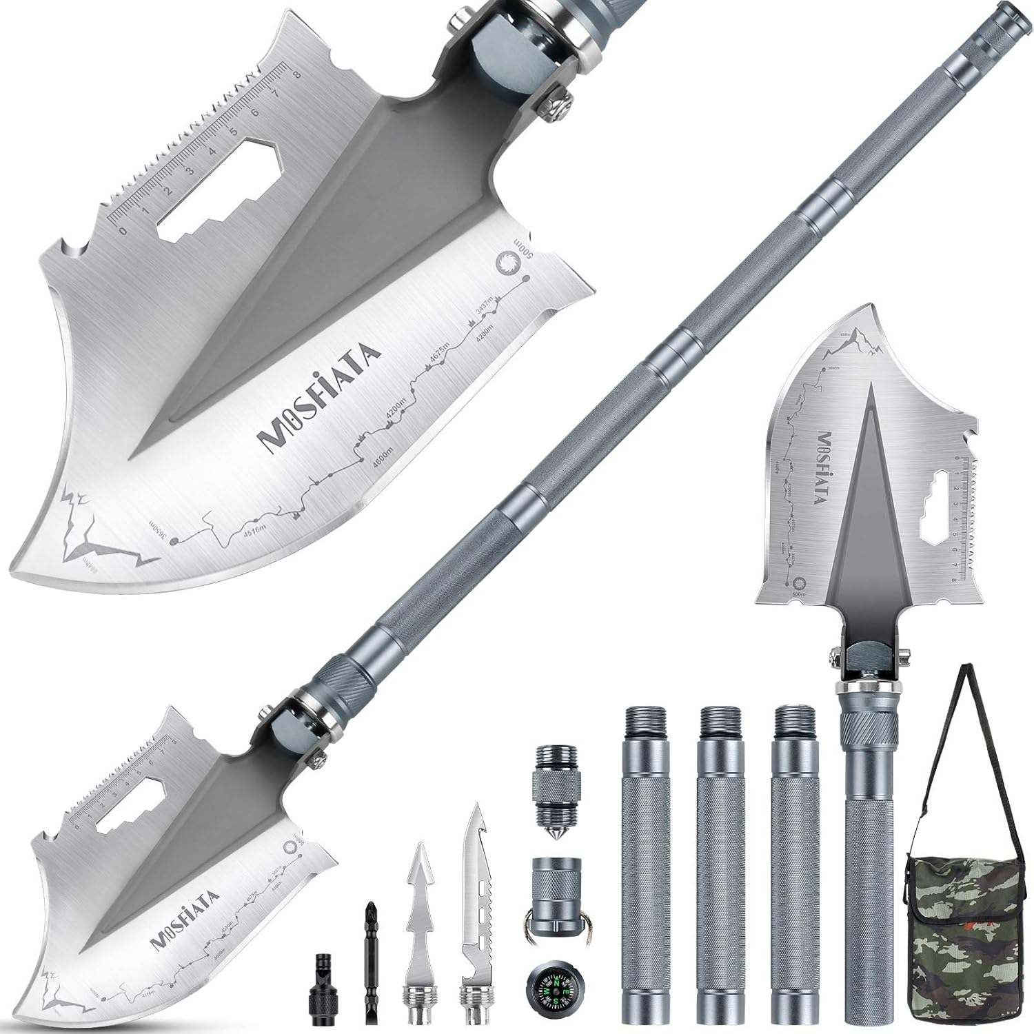 MOSFiATA Axe-Type Camping Shovel Set, Folding Multifunctional Military Shovel, 30 in 1 Survival Shovel with Lengthened Handle Thickened Shovelhead for Camping, Hiking, Backpacking