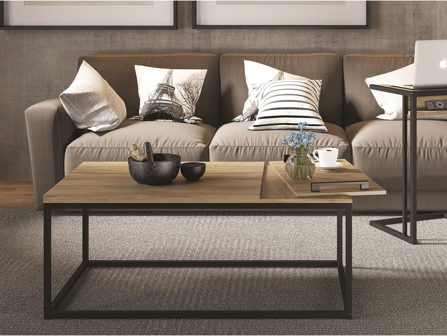 Casabianca Furniture Noa Cocktail Table in Oak Melamine with Black Painted Metal Frame and Removable Tray.