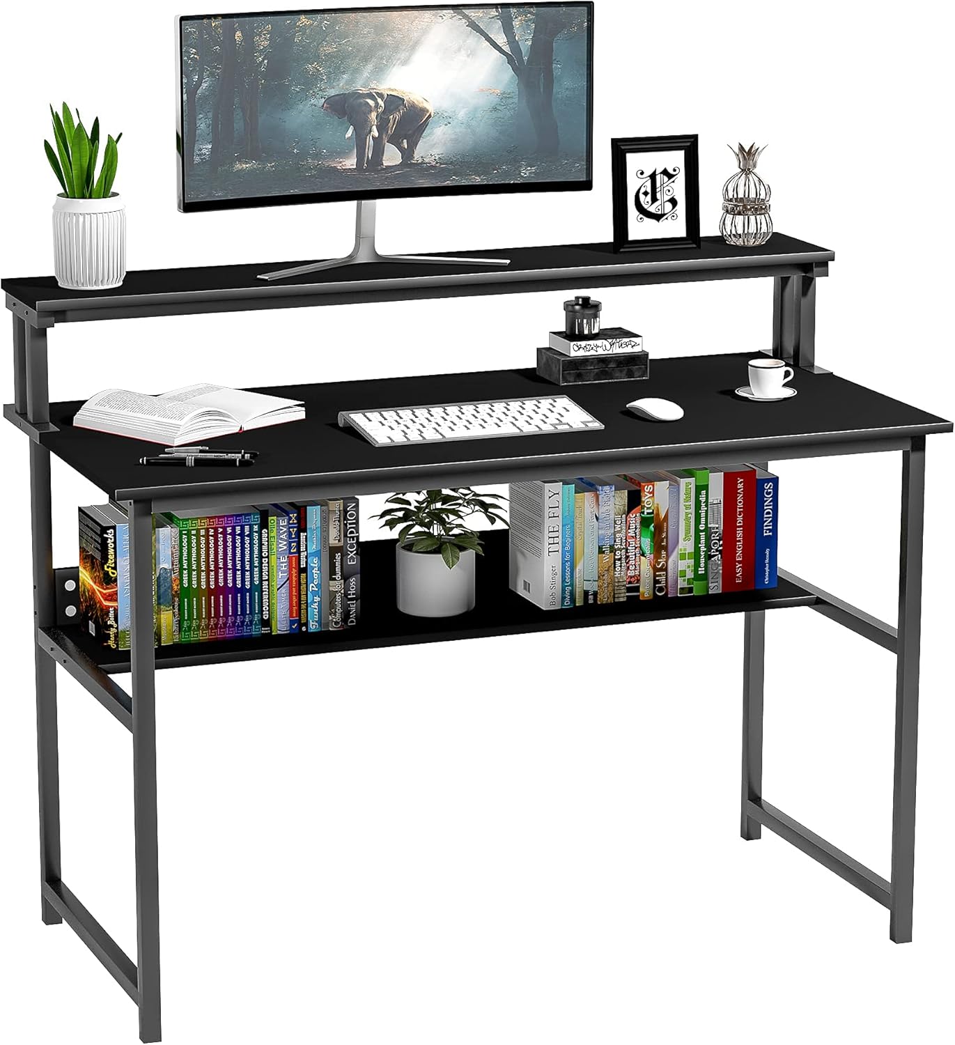 Black Computer Desk with Monitor Shelf, 47 inch Home Office Desk with Bookshelf, Sturdy Heavy Duty Writing Study Table Easy Assemble Laptop Table for Bedroom Dormitory