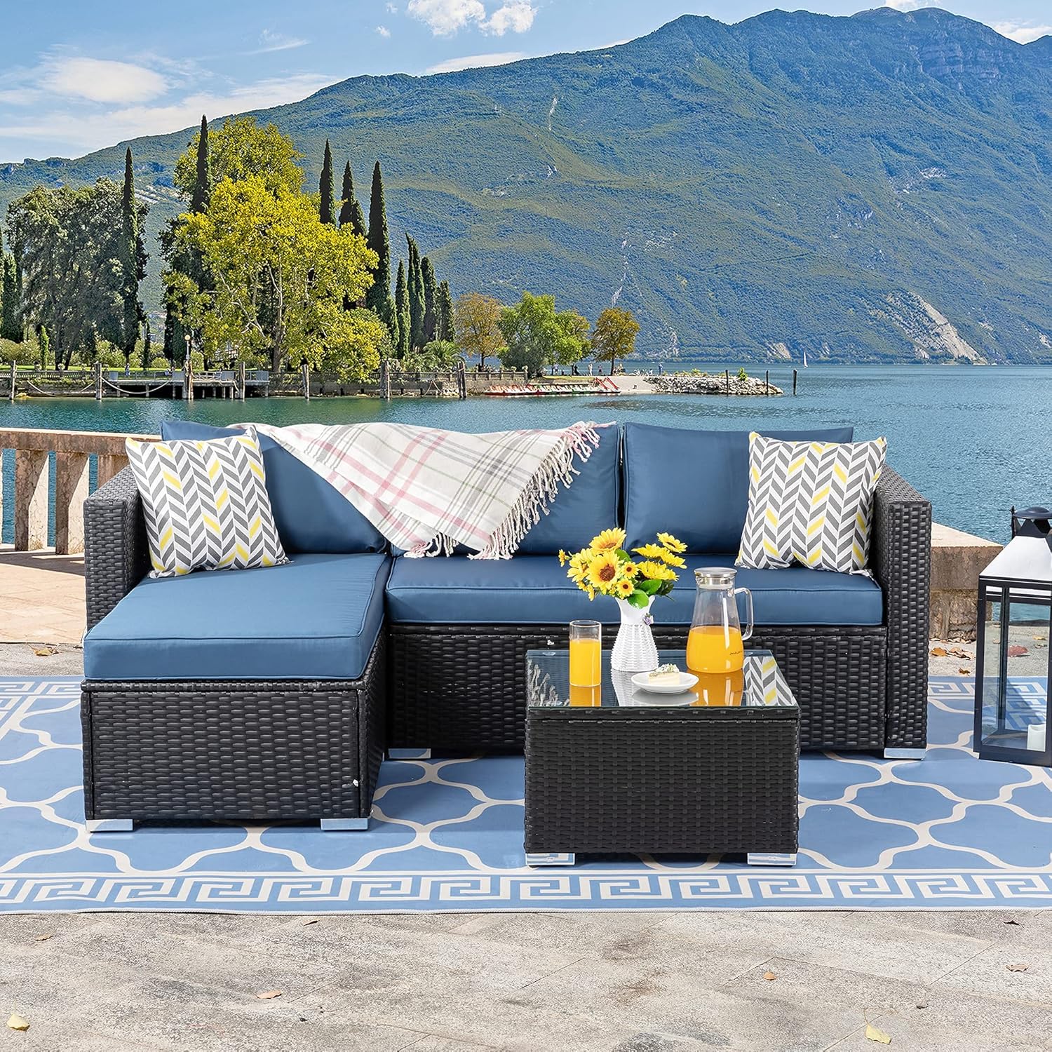 Walsunny 3 Piece Outdoor Furniture Sectional Sofa Patio Set with Upgrade Rattan Wicker Upgrade Wicker(Black Rattan)(Blue)