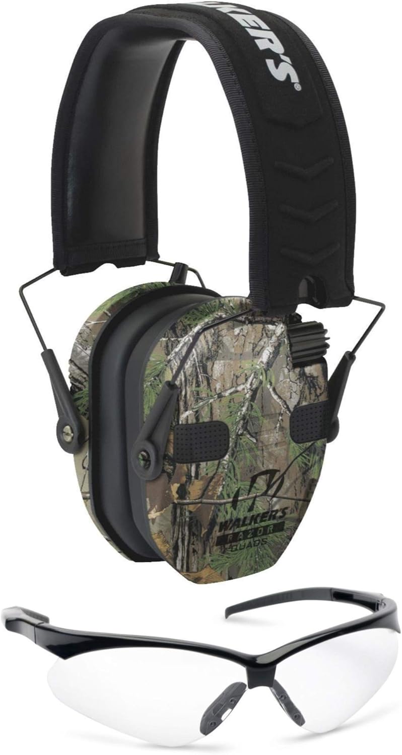 Walkers Razor Slim Electronic Muff (RealTree Xtra Camo) Bundle with Shooting Glasses Kit (2 Items) Pack of 2