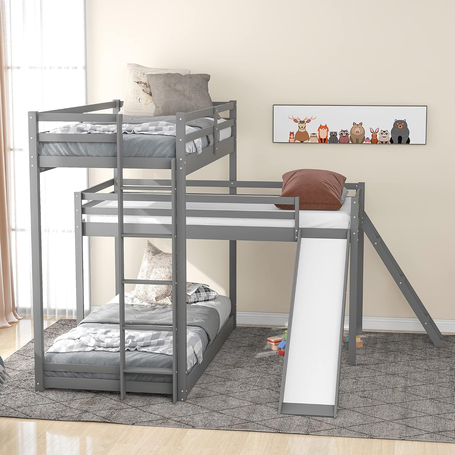 kupet L-Shaped Triple Bunk Twin with Attached Loft Beds and Ladder and Slide, Grey