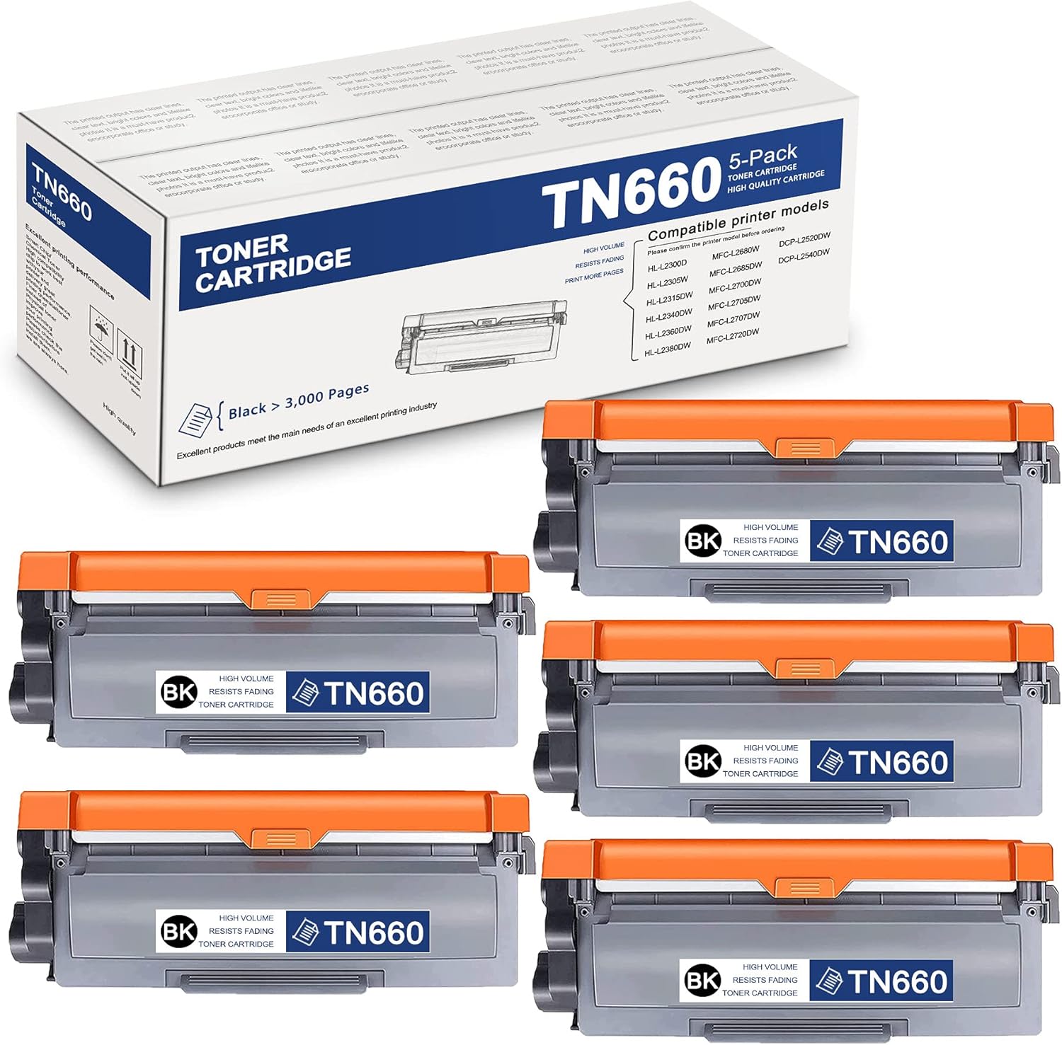 High Yield 5 Pack Black TN660 TN-660 Compatible Toner Cartridge Replacement for Brother HL-L2300D L2340DW L2380DW MFC-L2680W L2707DW L2720DW L2740DW DCP-L2520DW Printer Ink Cartridge