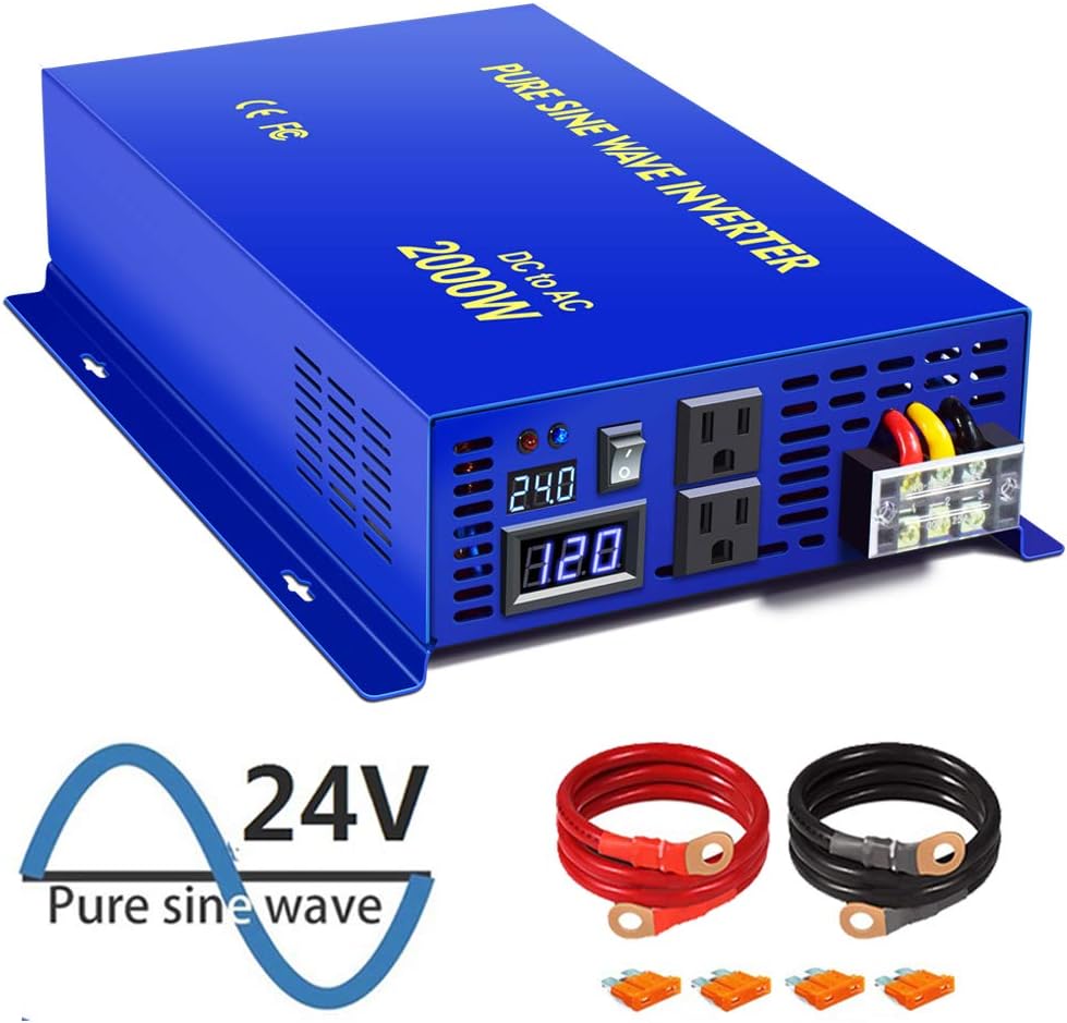 XYZ INVT 2000 Watt Pure Sine Wave Inverter 24V DC to 110v 120V AC, 2000W Car Power Invert Surge 4000W Power Converter for Solar System. (2000W 24V 120V)