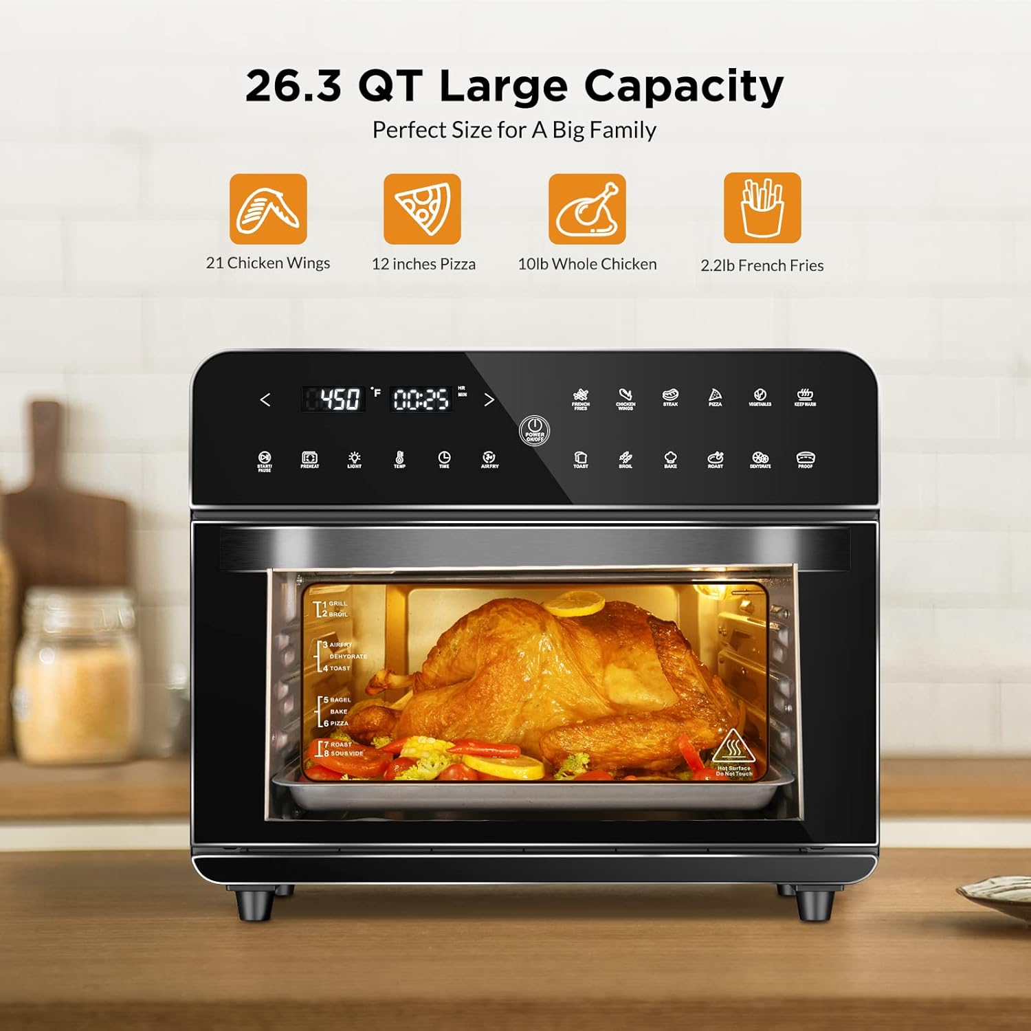 Air Fryer Oven, 12 in 1 Air Fryer Toaster Oven with Digital Touchscreen, 1800W Convection Oven Countertop Combo with 26.3 QT/25L Large Capacity, Oil-free, Easy Cooking, 5 Accessories, Black